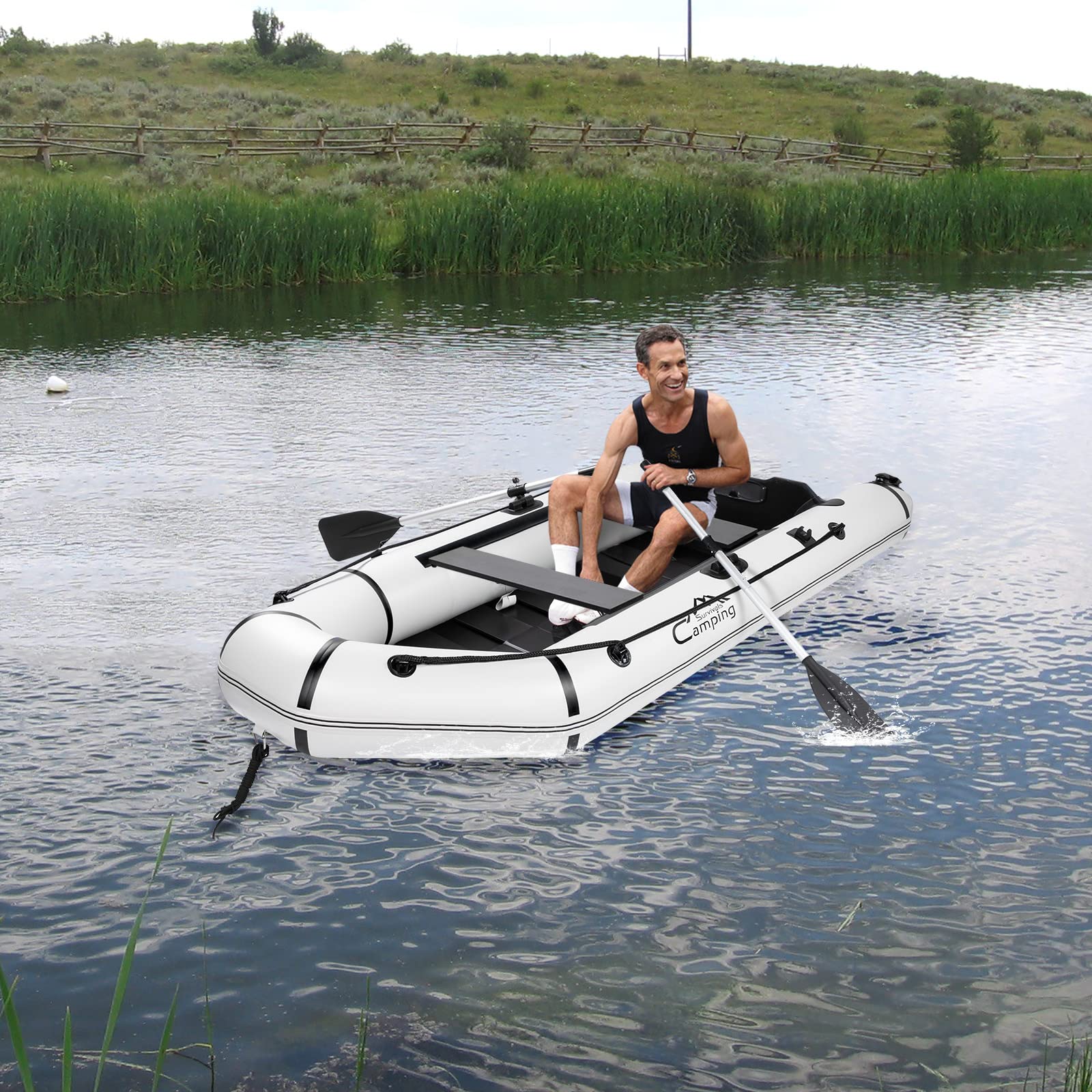 2 Person Inflatable Boat with Foot Pump & Paddle - Portable Fishing Raft Kayak for Adults | US Stock | Perfect for Lakes, Rivers & Coastal Fishing Trips