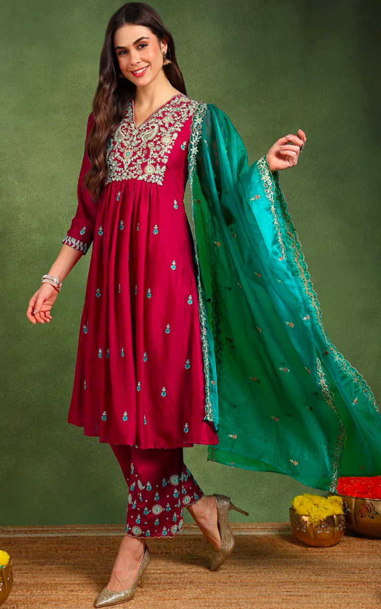 Elegant Red Silk Blend Flared Kurta Set for Women - Stylish Indian Ethnic Outfit for Festivals, Weddings & Parties