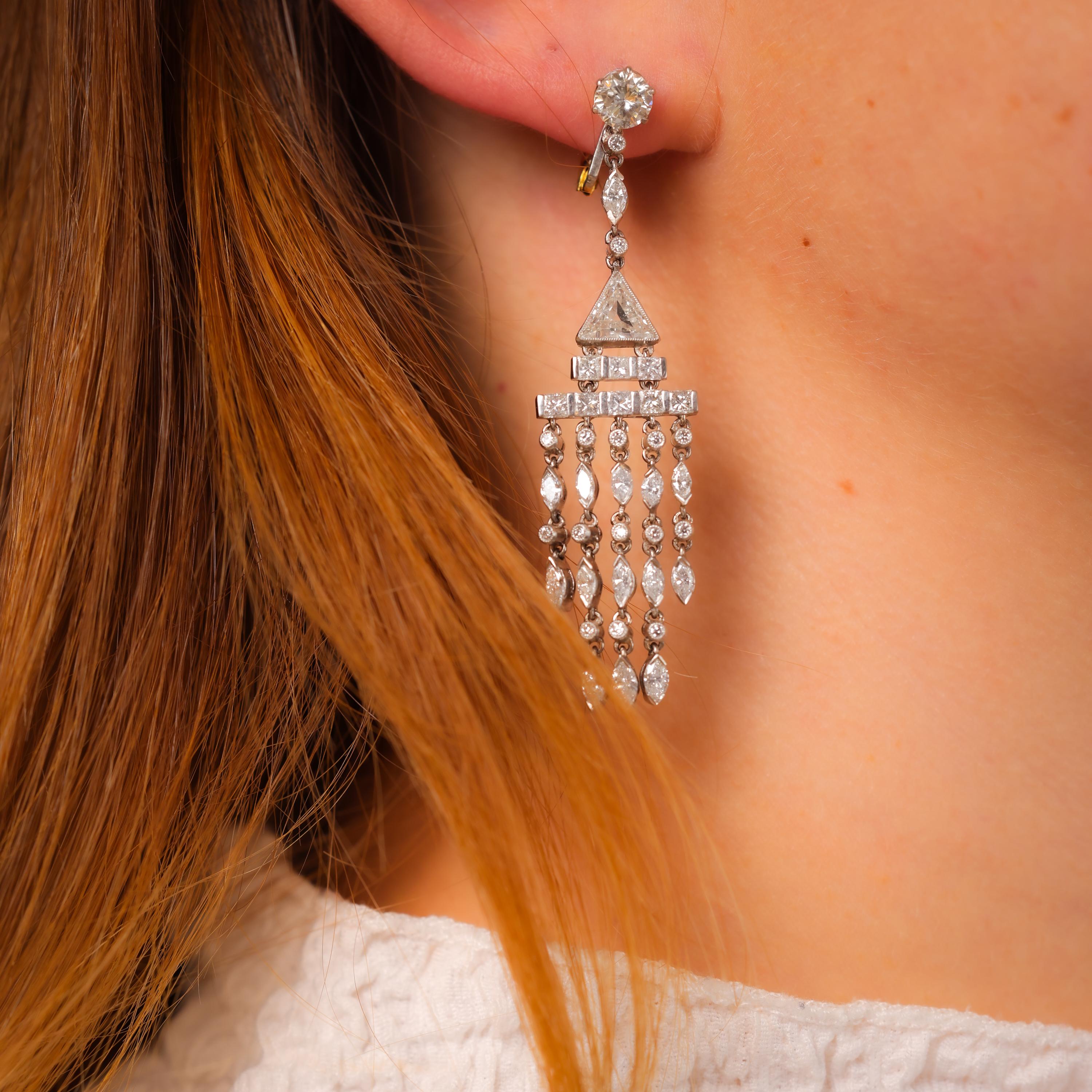 Art Deco Inspired 6 Carat Diamond Platinum Chandelier Earrings for Women - Elegant Vintage Dangle Earrings for Weddings, Parties & Special Occasions