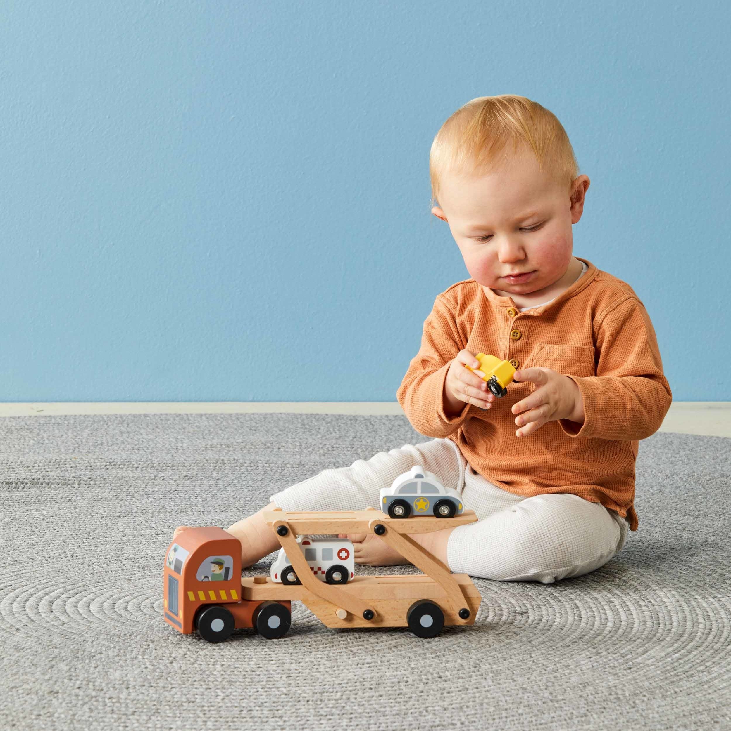 Wooden Car Carrier Truck Toy Set for Kids - 12-Piece Wooden Vehicle Transport Playset with Movable Ramp - Perfect for Pretend Play, Birthday Gifts & Preschool Learning Activities