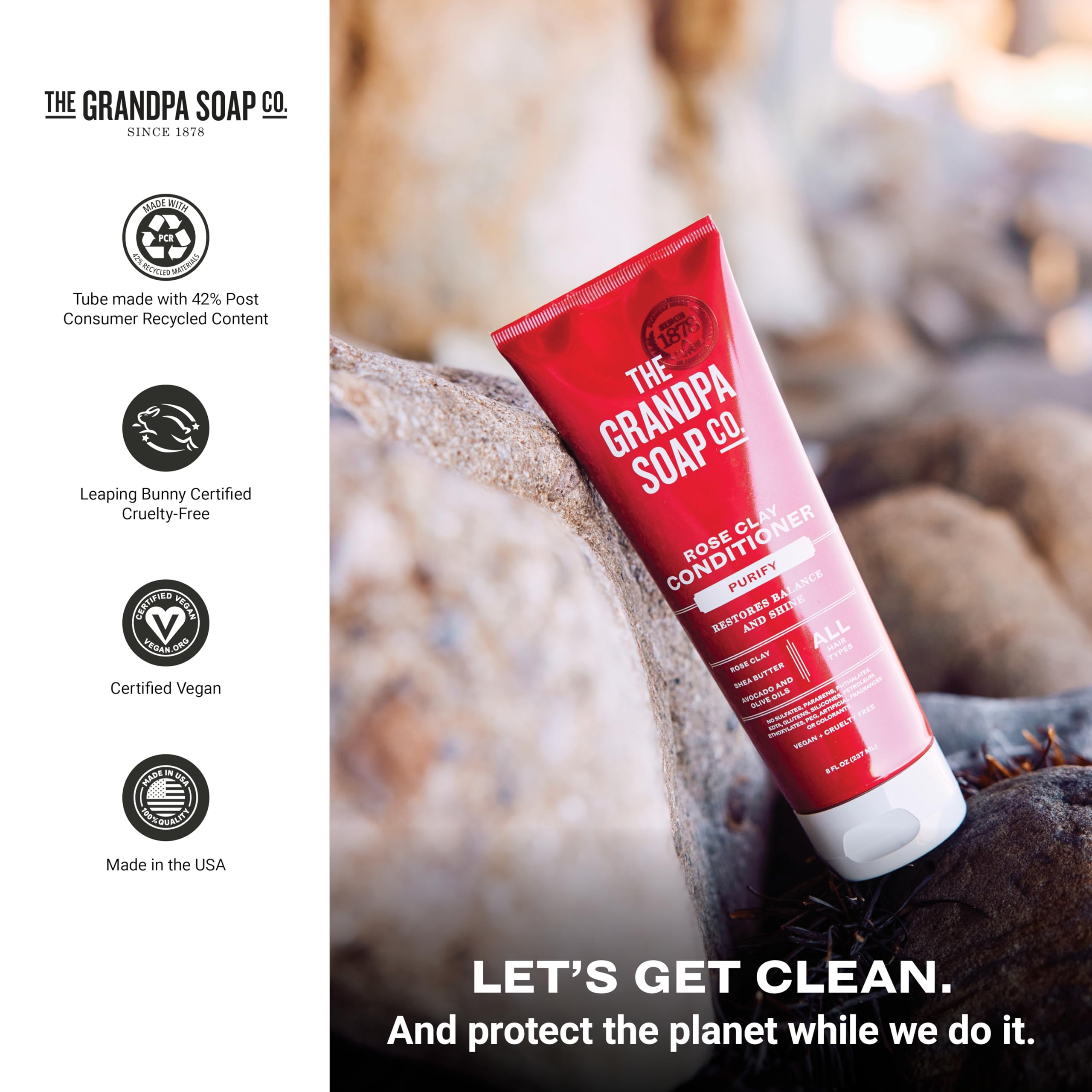 Grandpa's The Soap Company Purifying Rose Clay Hair Conditioner - Deep Cleansing & Nourishing Treatment with Rose Clay, Shea Butter & Avocado Oil | Vegan, Sulfate & Paraben Free | 8 Fl Oz | Perfect for Detoxifying & Revitalizing Dry, Damaged Hair
