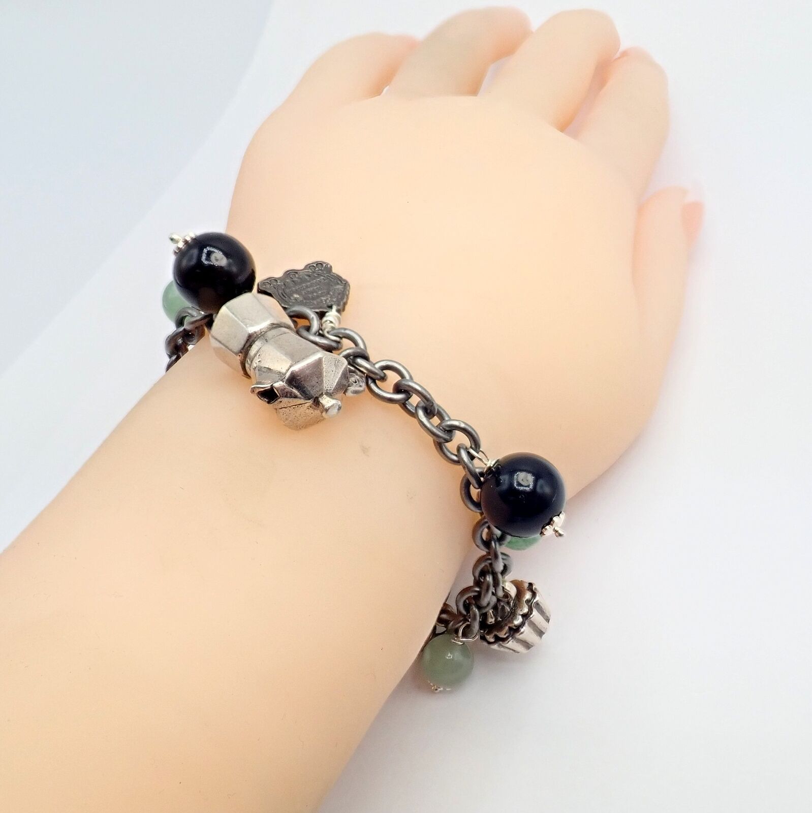 Vintage Mario Buccellati Sterling Silver Coffee Jadeite Onyx Beaded Charm Bracelet - Elegant Jewelry Gift for Women, Perfect for Parties, Weddings & Special Occasions