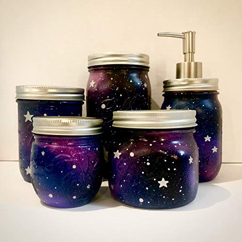 Purple Galaxy Painted Mason Jar Bathroom & Desk Organizer Set - 5 Piece Vanity Storage with Soap Dispenser, Unique Bathroom Decor for Home Spa & Office Organization