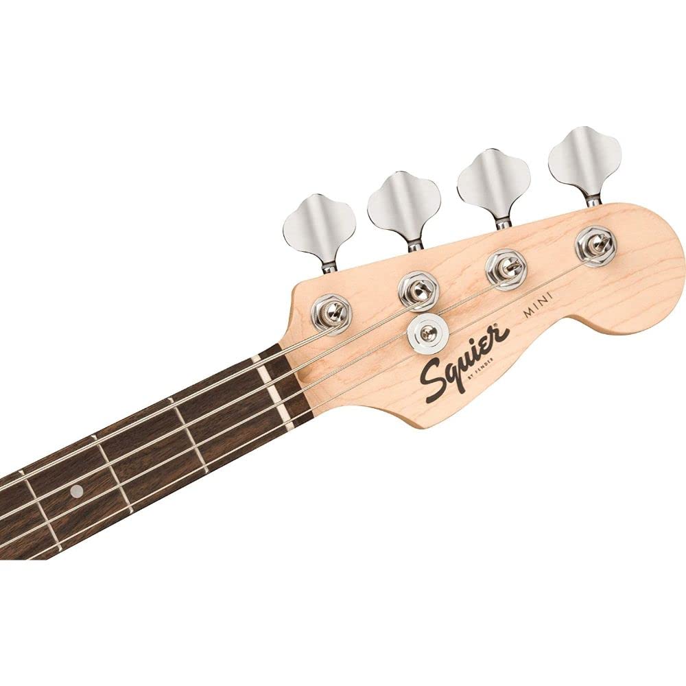 Squier by Fender Mini Precision Bass Guitar - Laurel Fingerboard, Black Finish with 10ft Instrument Cable, 12-Pack Guitar Picks & 2