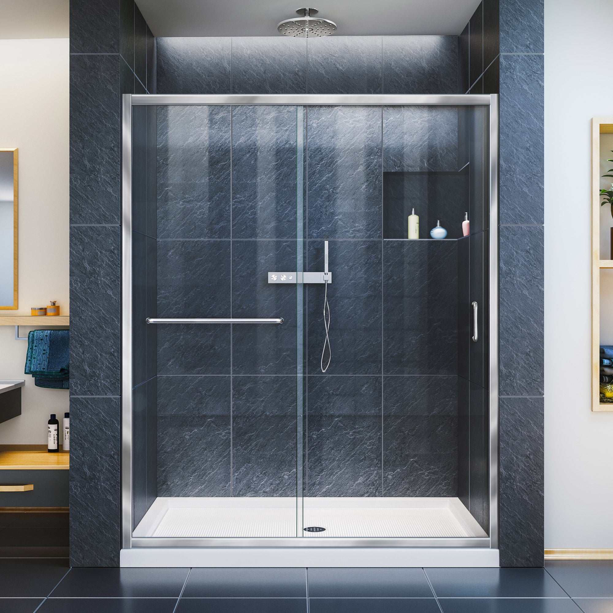 DreamLine Infinity Z 32x60x74.75 Inch Semi-Frameless Sliding Shower Door with SlimLine Base Kit - Clear Glass Shower Enclosure for Modern Bathrooms - Perfect for Home Renovation & Spa-Like Experience