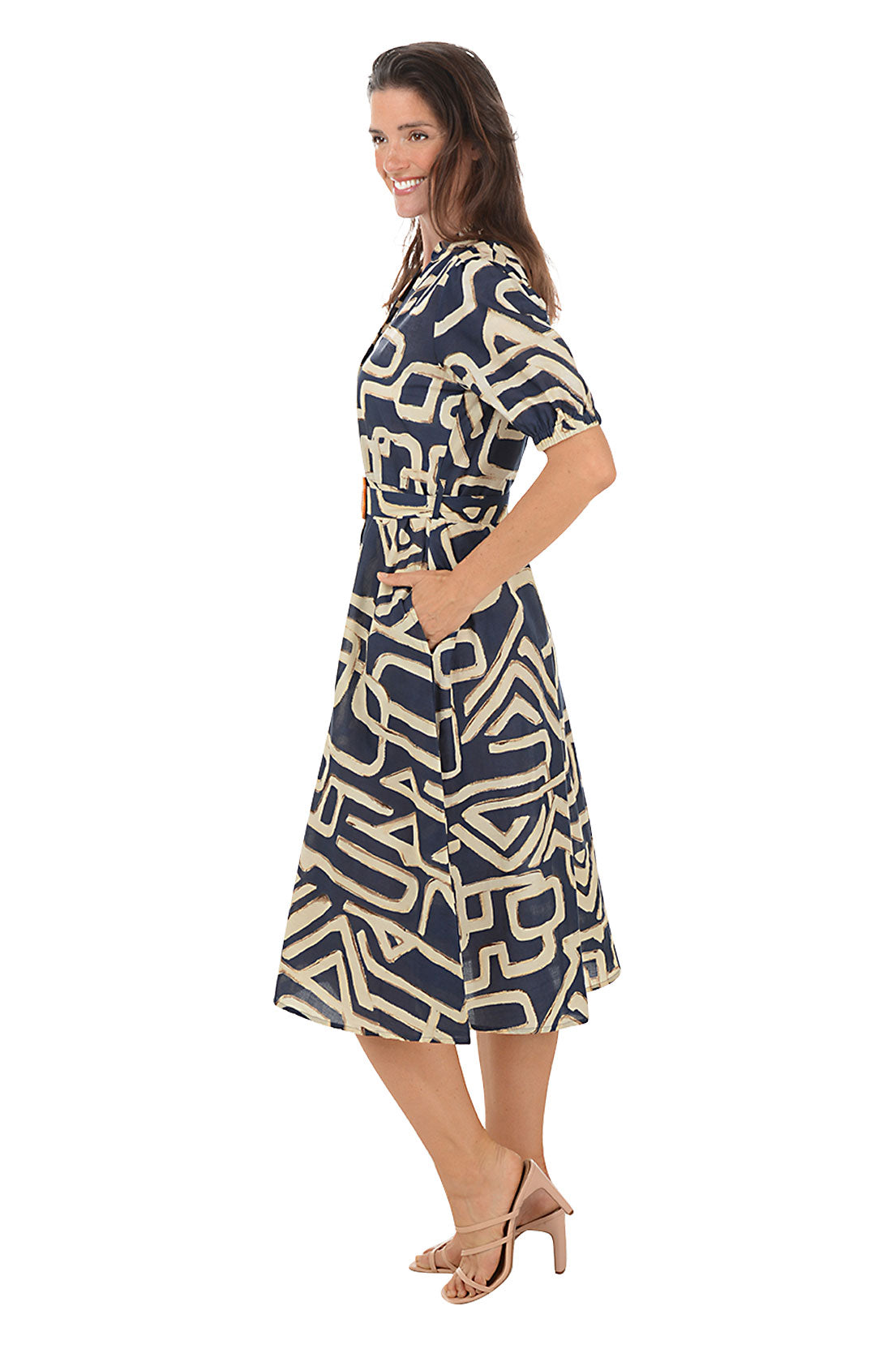 Elegant Geometric Print Belted Button Front Dress for Women - Perfect for Office, Party & Casual Wear