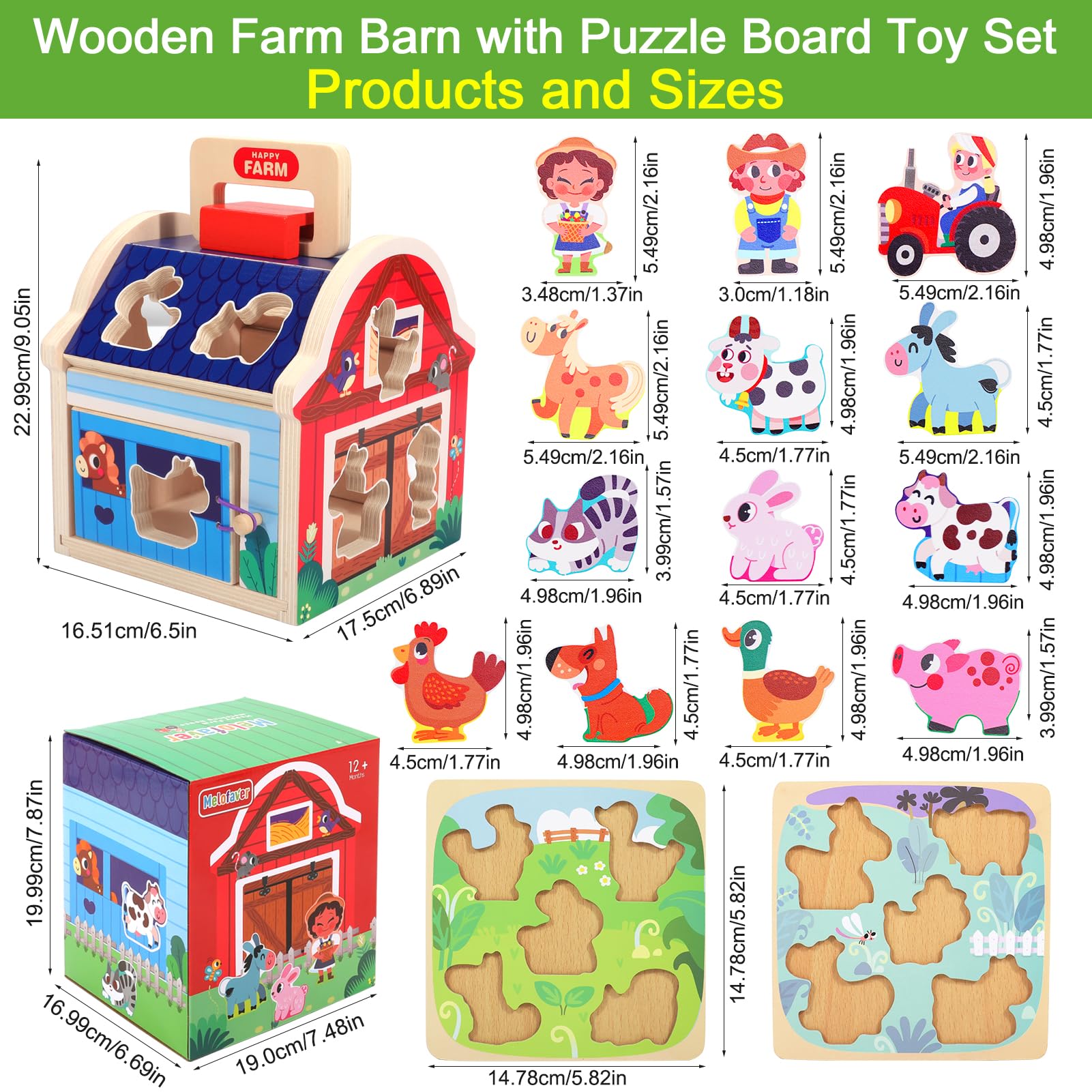 Montessori Wooden Farm Animal Toys for Toddlers 1-3 Years Old - Educational Sorting Barn Toy with Blocks & Puzzles, Baby Shape Sorter Learning Activity - Perfect Christmas Birthday Gift for Boys & Girls | Farm-Themed Early Learning, Preschool Classroom, Daycare, Homeschooling & Sensory Play