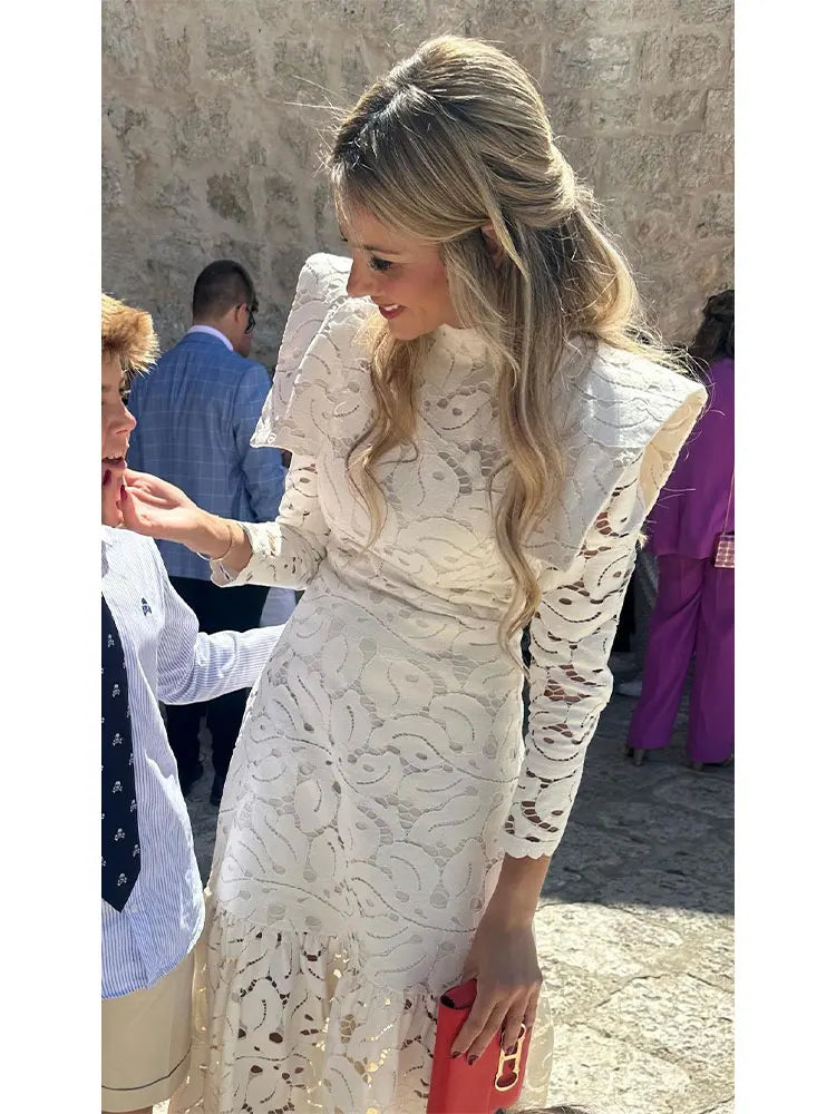 Elegant Hollow-Out Lace Maxi White Dress for Women - Fashion Mock Neck Long Sleeve Shoulder Padded Evening Gown | Perfect for Weddings, Parties & Formal Occasions 2024