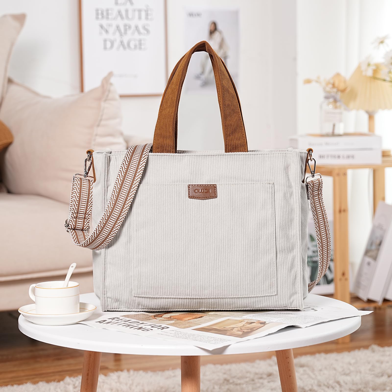 CLUCI Women's Corduroy Tote Bag with Zipper - Stylish Casual Shoulder Handbag & Hobo Purse for Work, Travel and Everyday Use