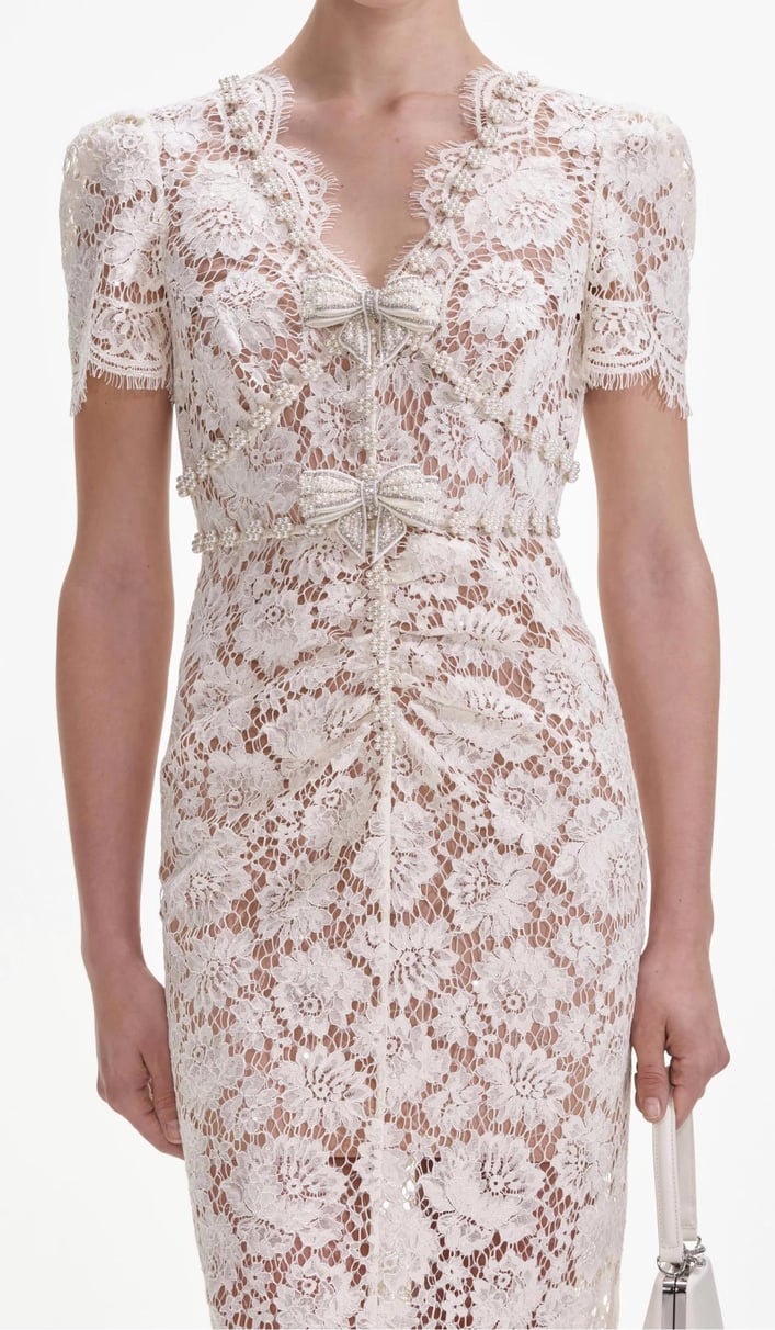 Elegant Crystal Bow Detailed V-Neck Lace Midi Dress for Women | Formal Occasions, Weddings & Evening Parties