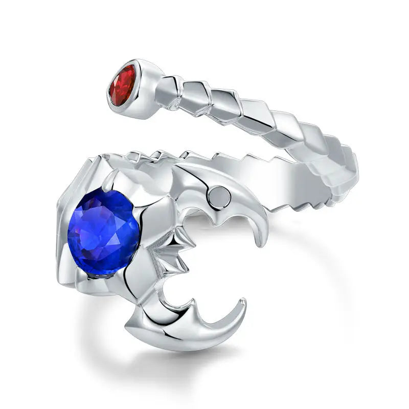 14K White Gold Scorpion Ring with Blue Sapphire & Red Ruby - Elegant Jewelry for Women, Unique Gift for Birthdays & Anniversaries