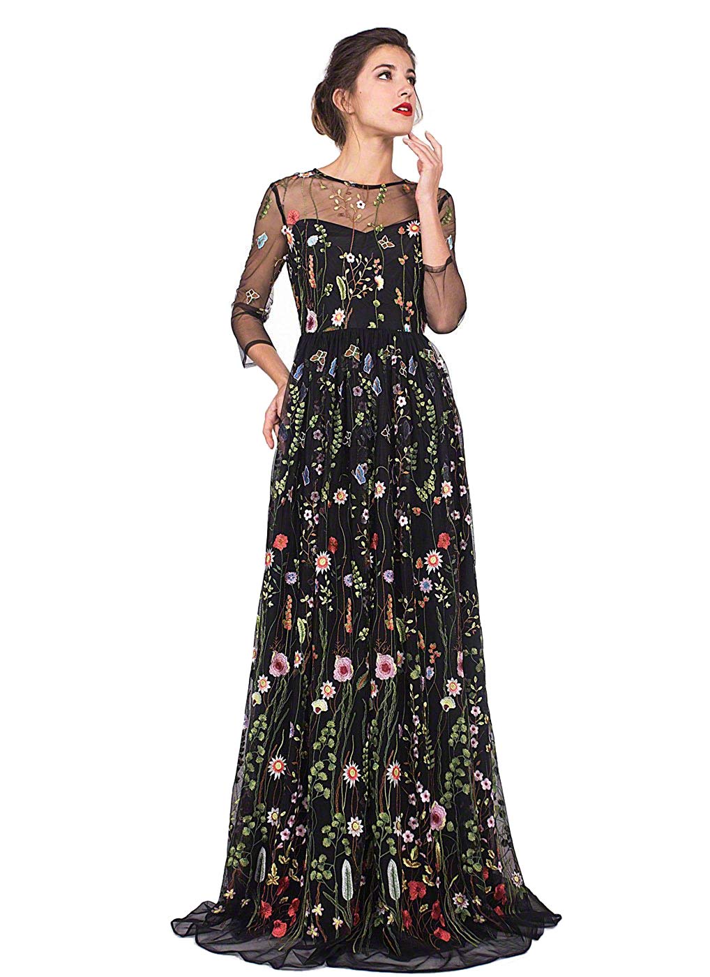 Honeydress Women's Embroidered Long Sleeve Maxi Dress Size 14 Black - Elegant Boho Floral Embroidery Formal & Casual Wear for Weddings, Parties & Date Nights
