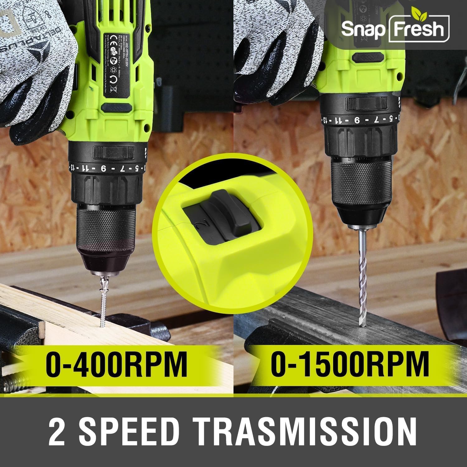 SnapFresh 20V Cordless Impact Drill Driver Kit - 1/2 Inch Chuck, 445 in-lbs Max Torque, 2-Speed Power Tool with 43-Piece Bit Set, 2.0Ah Battery & Fast Charger Included - Perfect for DIY Projects, Home Repairs and Professional Construction Work