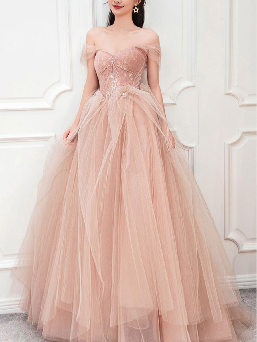 Elegant Pink Sweetheart Neckline Tulle Long Prom Dress for Sweet 16 Party | Formal Evening Gown for Homecoming, Quinceañera & Special Occasions