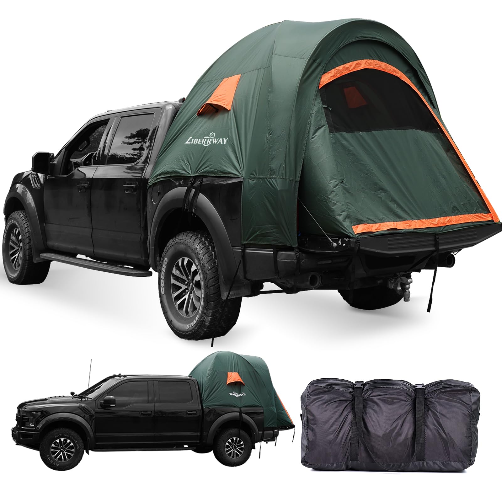 LIBERRWAY 6-6.5 FT Truck Bed Tent - Waterproof PU2000mm Double Layer with Rainfly - 2-Person Pickup Truck Tent for Camping, Outdoor Adventures & Road Trips (Green)