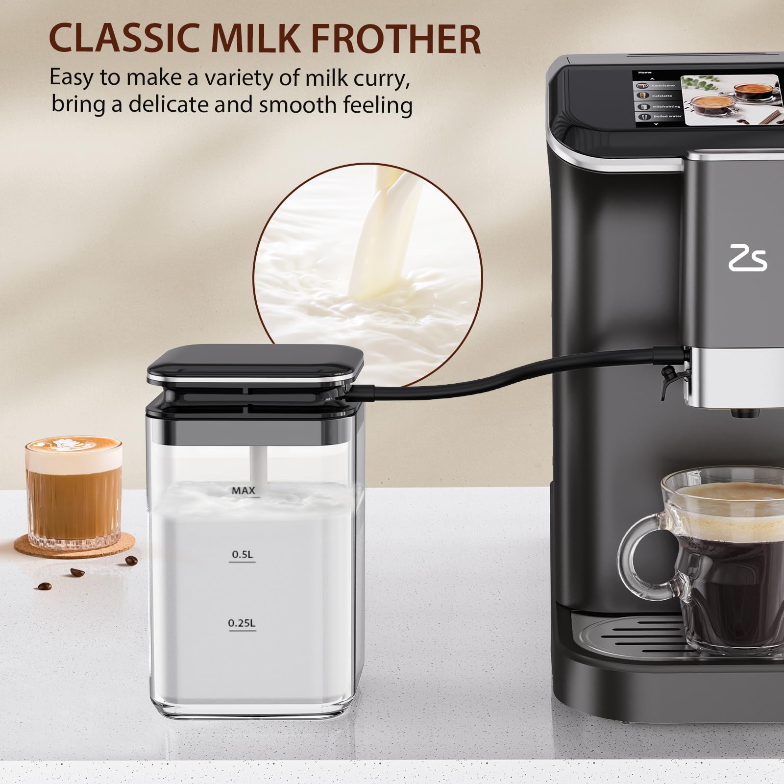 Fully Automatic Espresso Machine with Built-in Grinder & 20 Bar Pressure - Adjustable Grind Size (1-15 Levels) & 1.5L Water Tank - Auto Milk Frother for Cappuccino & Latte - Perfect for Home Coffee Bar & Office Use