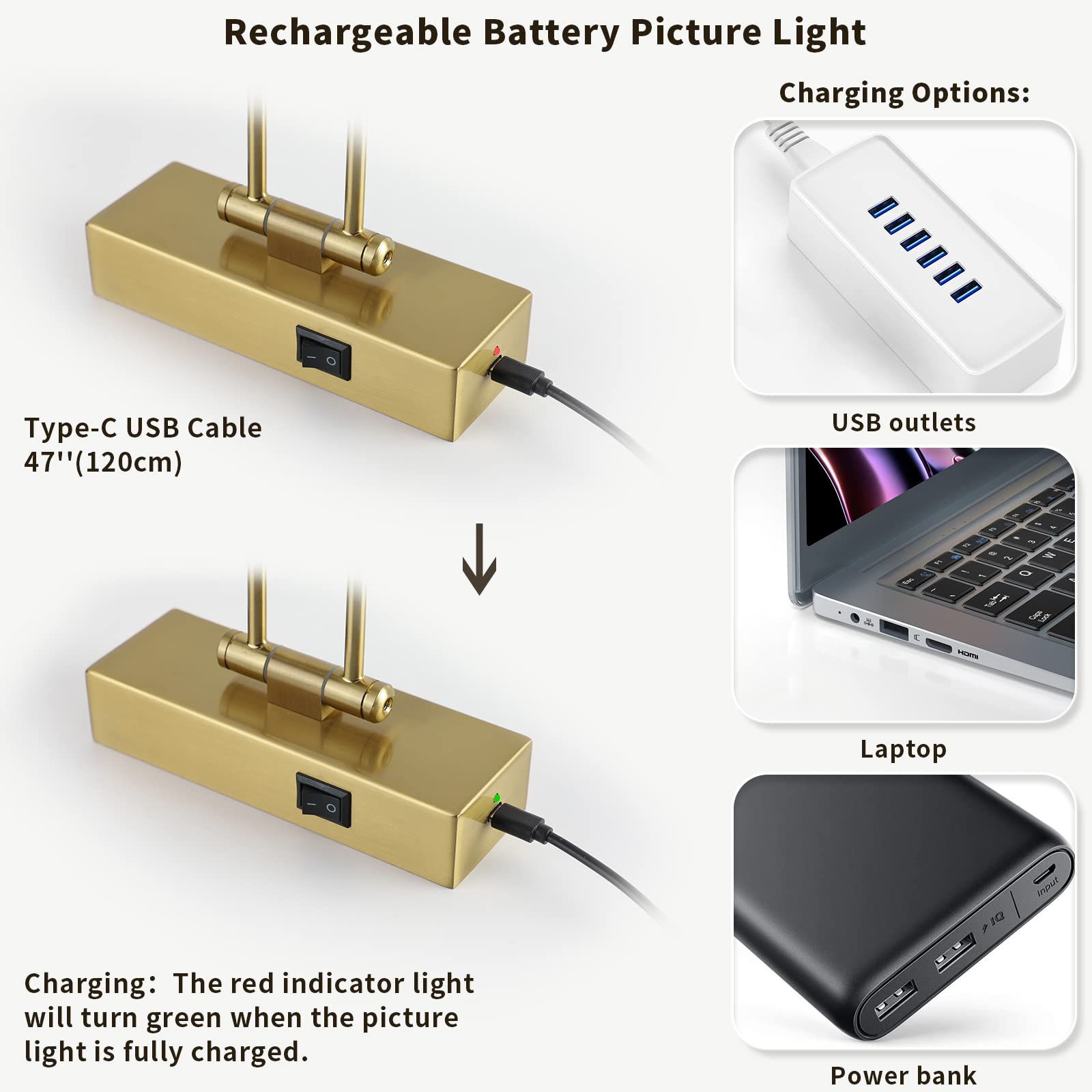 JUSHENG 16'' Wireless Picture Light with Remote & Timer - Rechargeable Battery Operated Swing Arm Art Light for Frame Artwork, Gallery Display - Golden Brass Finish | Perfect for Home Decor, Museums & Art Exhibitions