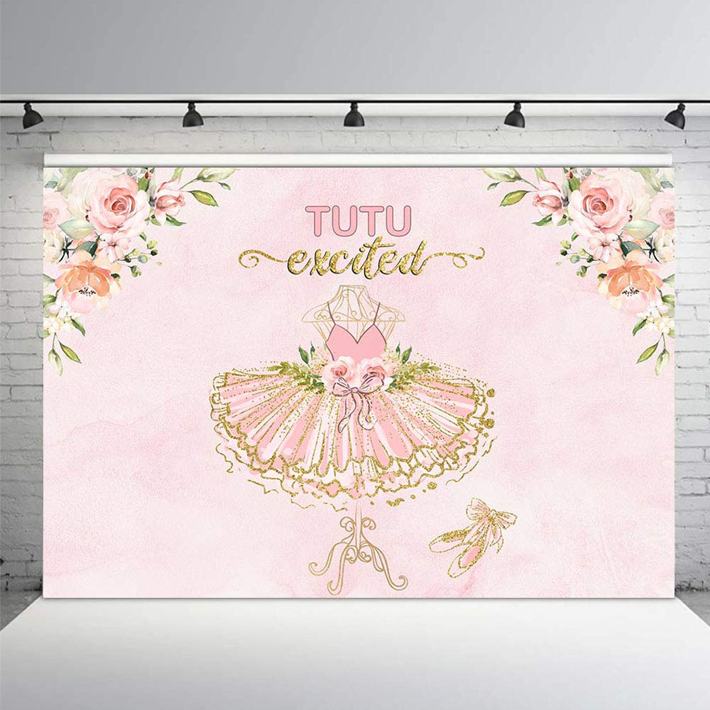 7x5ft Pink Floral Gold Glitter Ballerina Baby Shower Backdrop - Tutu Girl Birthday Party Photography Background, Cake Table Decor & Photo Booth Banner for Newborn Celebrations, 1st Birthday & Gender Reveal Parties