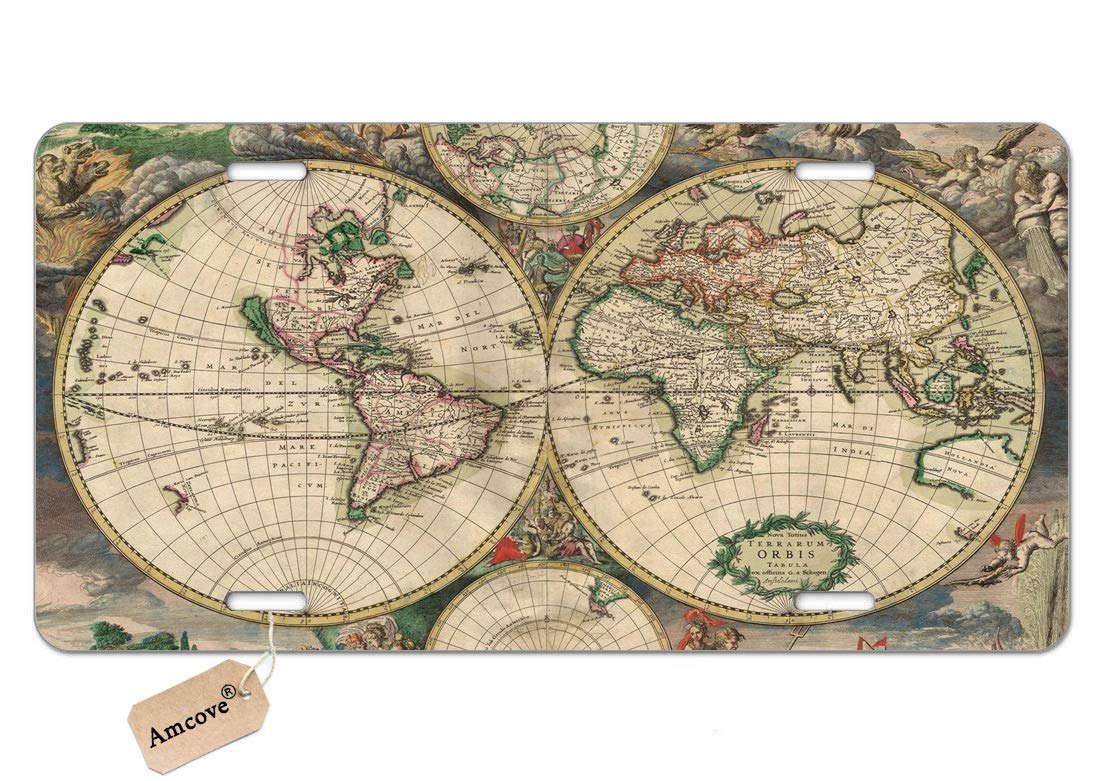 AMCOVE Vintage 17th Century World Map Metal License Plate - 6x12 Inch Decorative Aluminum Car Front Plate with 4 Holes - Perfect for Classic Cars, Antique Vehicles & Historical Enthusiasts
