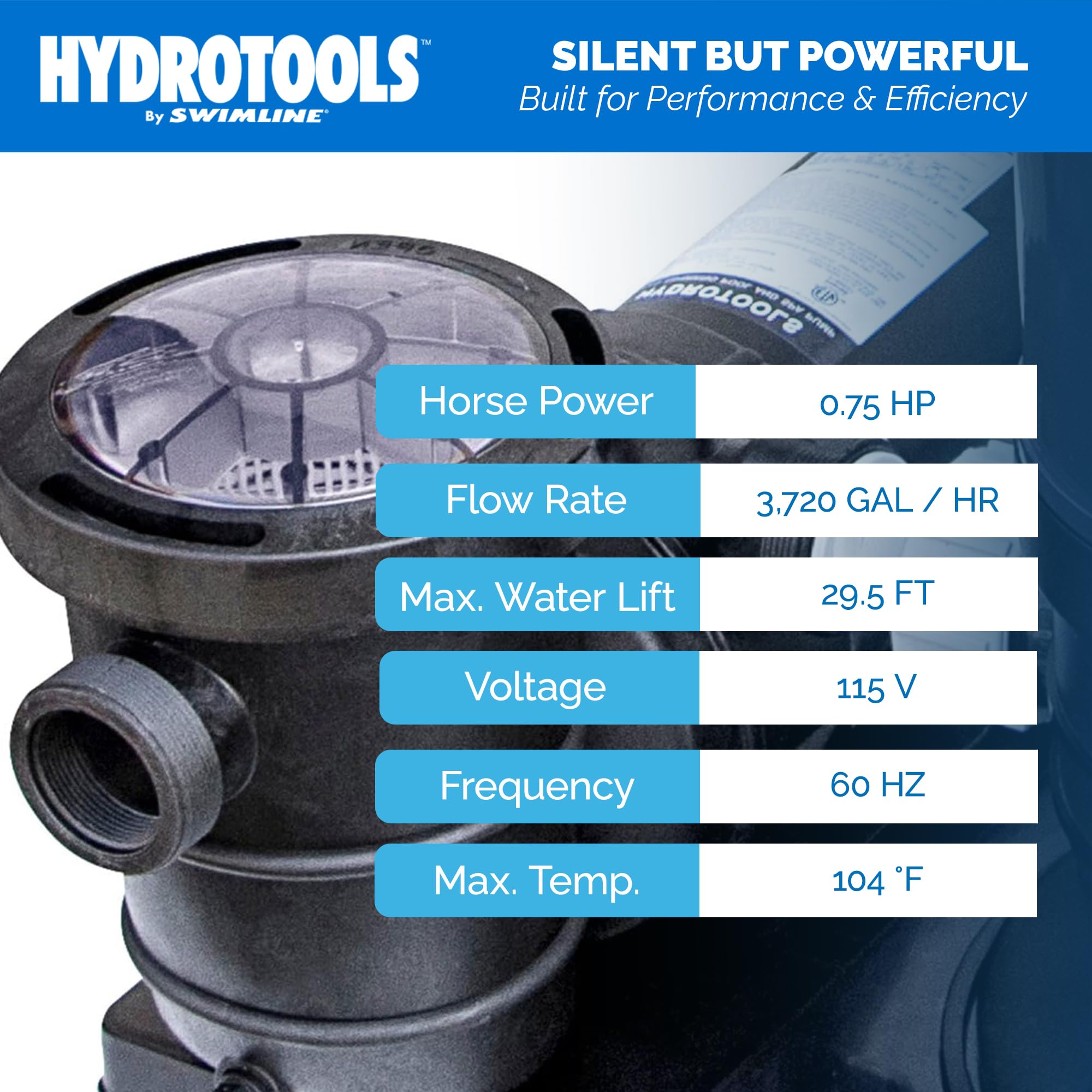 SWIMLINE HYDROTOOLS 0.75HP Above-Ground Pool Pump with Hydro-Flo Technology | 3720 GPH Flow Rate | Horizontal Shaft Design | Perfect for Pool Maintenance, Water Circulation & Filtration