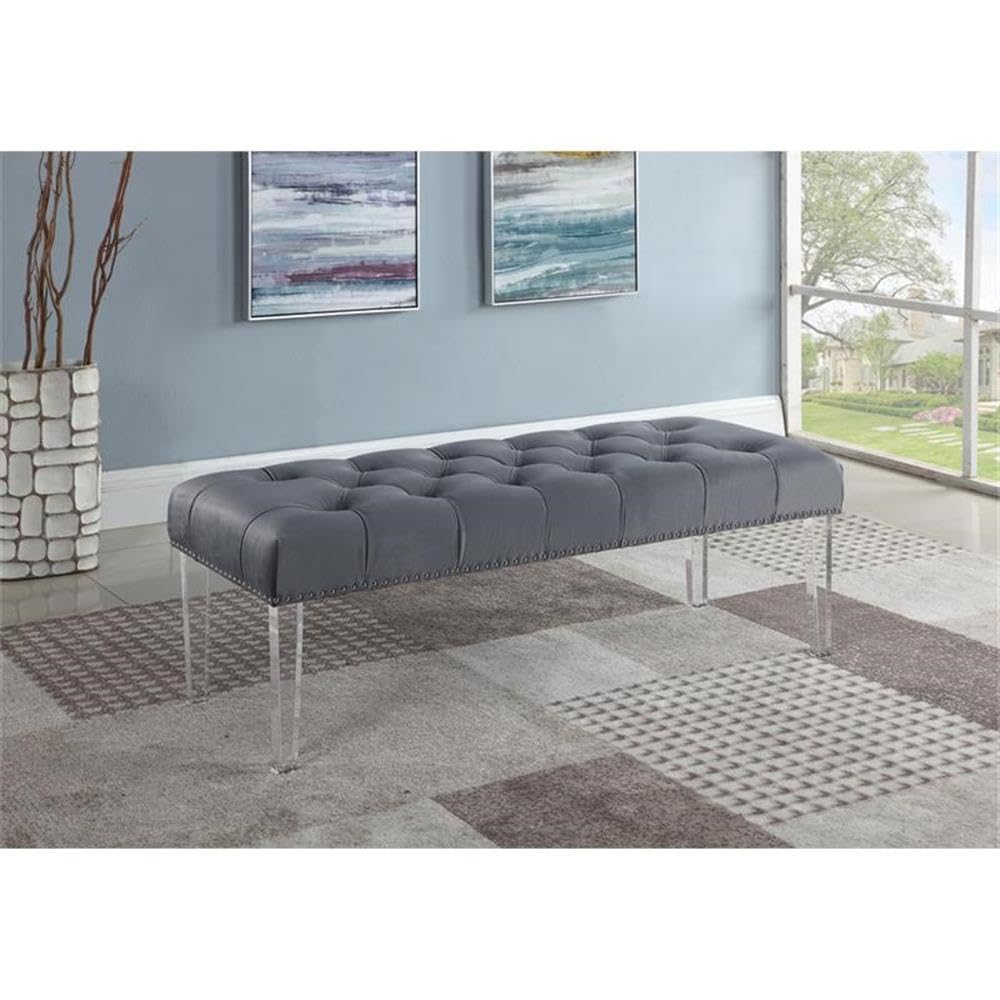 BOWERY HILL Gray Fabric Upholstered Tufted Accent Bench with Acrylic Legs - Perfect for Entryway, Bedroom or Living Room Seating Decor