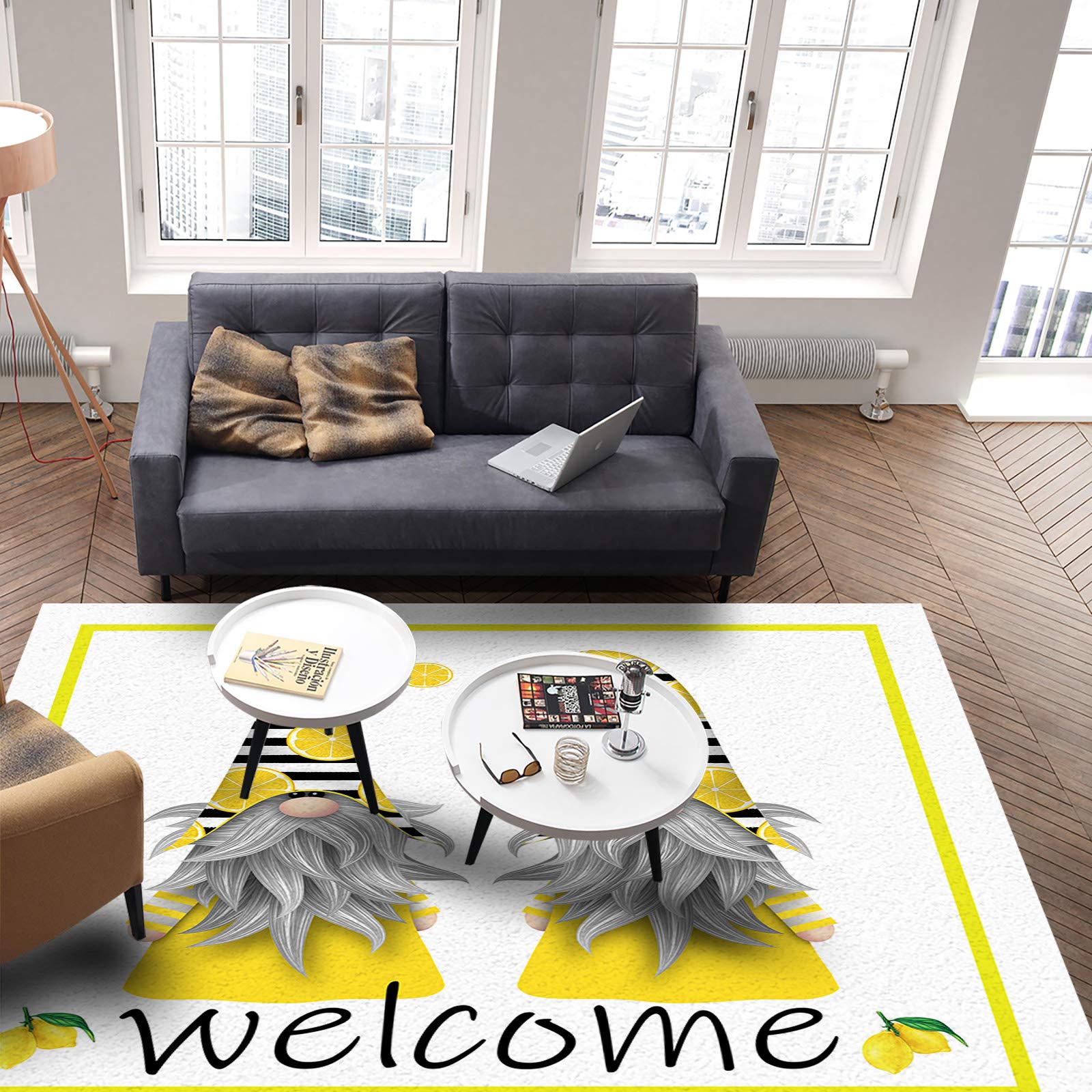 Soft and Comfy 5' x 6.9' Area Rug for Living Room, Bedroom, Dining Room - Non-Slip Floor Carpet with Decorative Gnomes & Lemon Pattern - Perfect for Home Decor, Cozy Spaces and Welcoming Guests