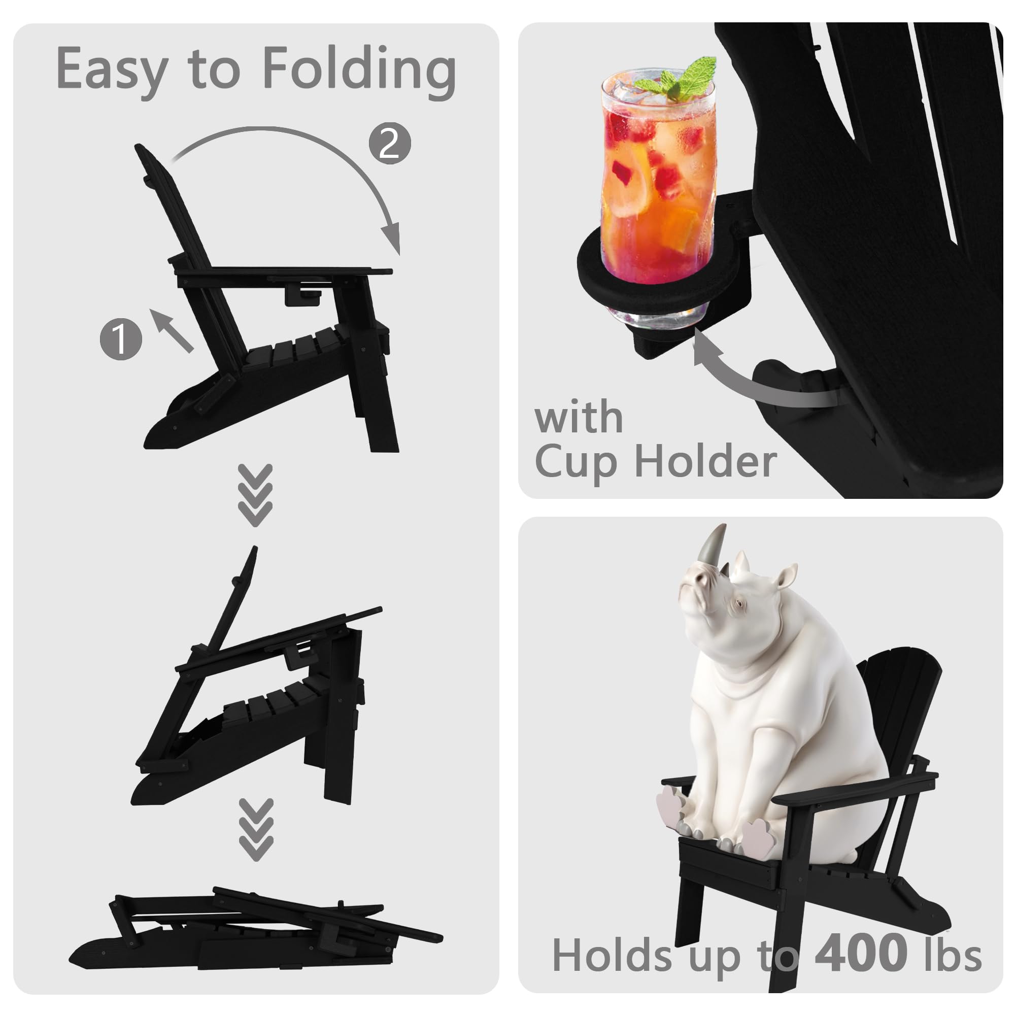 Premium Folding Adirondack Chair with Ergonomic Backrest - Heavy Duty 400lbs Capacity All-Weather HDPE Material - Low Maintenance Outdoor Patio Furniture with Cup Holder (Black) - Perfect for Backyard, Garden, Poolside & Camping Relaxation