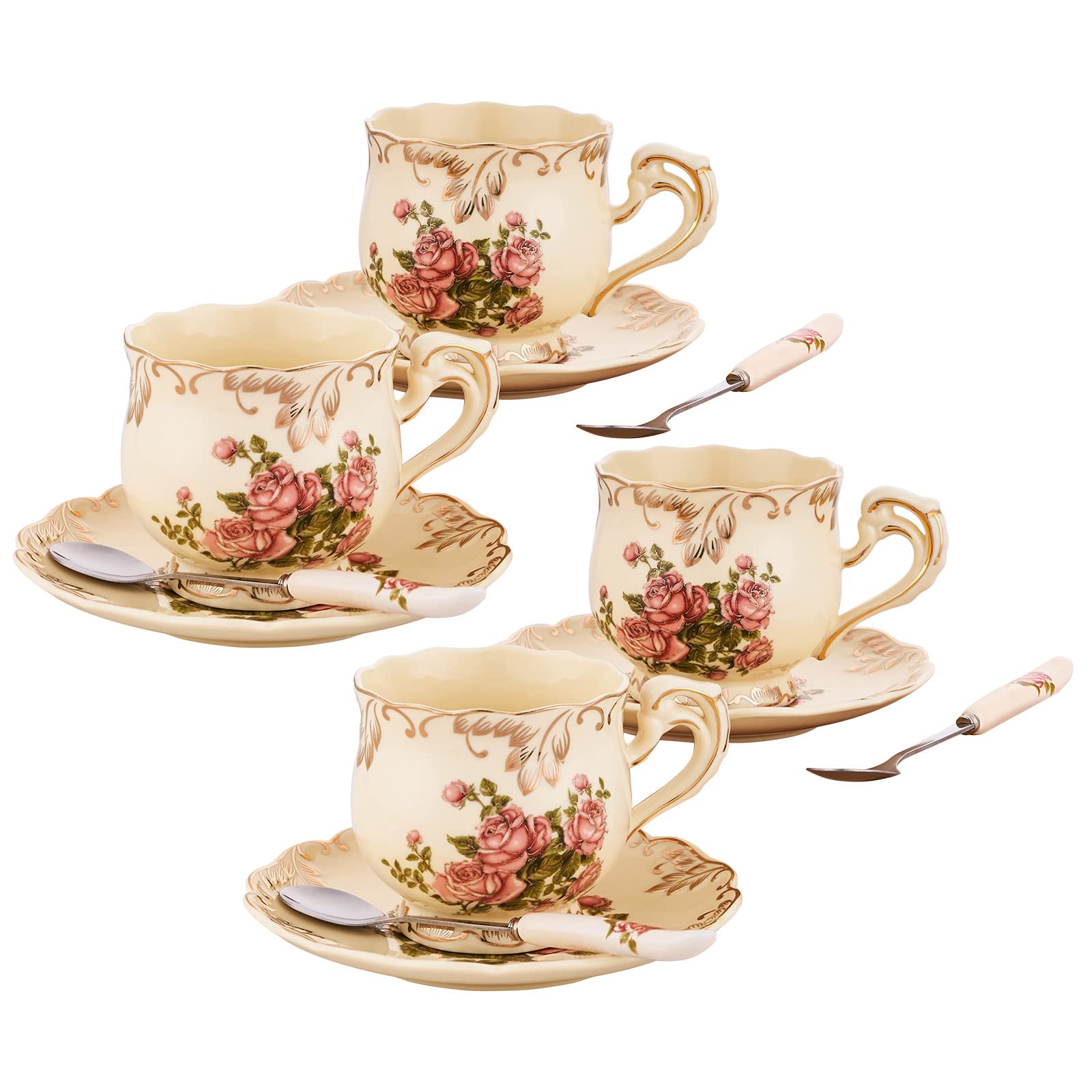 Vintage Floral Porcelain Tea Cups and Saucers Set - 8oz Ivory Gold Trim Coffee Cups with Red Rose Design, Elegant Tea Set of 4 for Afternoon Tea, Bridal Shower Gift, Mother's Day Present & Home Decor