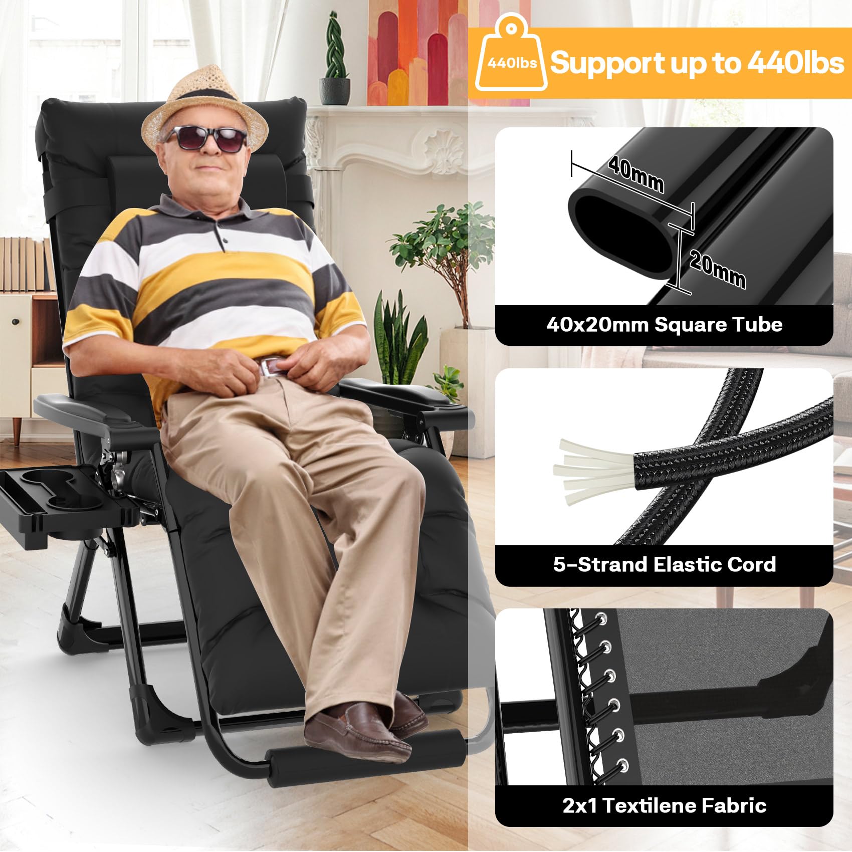 Premium Oversized Zero Gravity Lounge Chair XL - Heavy Duty 440lbs Capacity, Padded Recliner with Aluminum Alloy Lock, Adjustable Headrest & Cup Holder - Perfect for Patio, Poolside, Backyard, Camping & Outdoor Relaxation (Black)