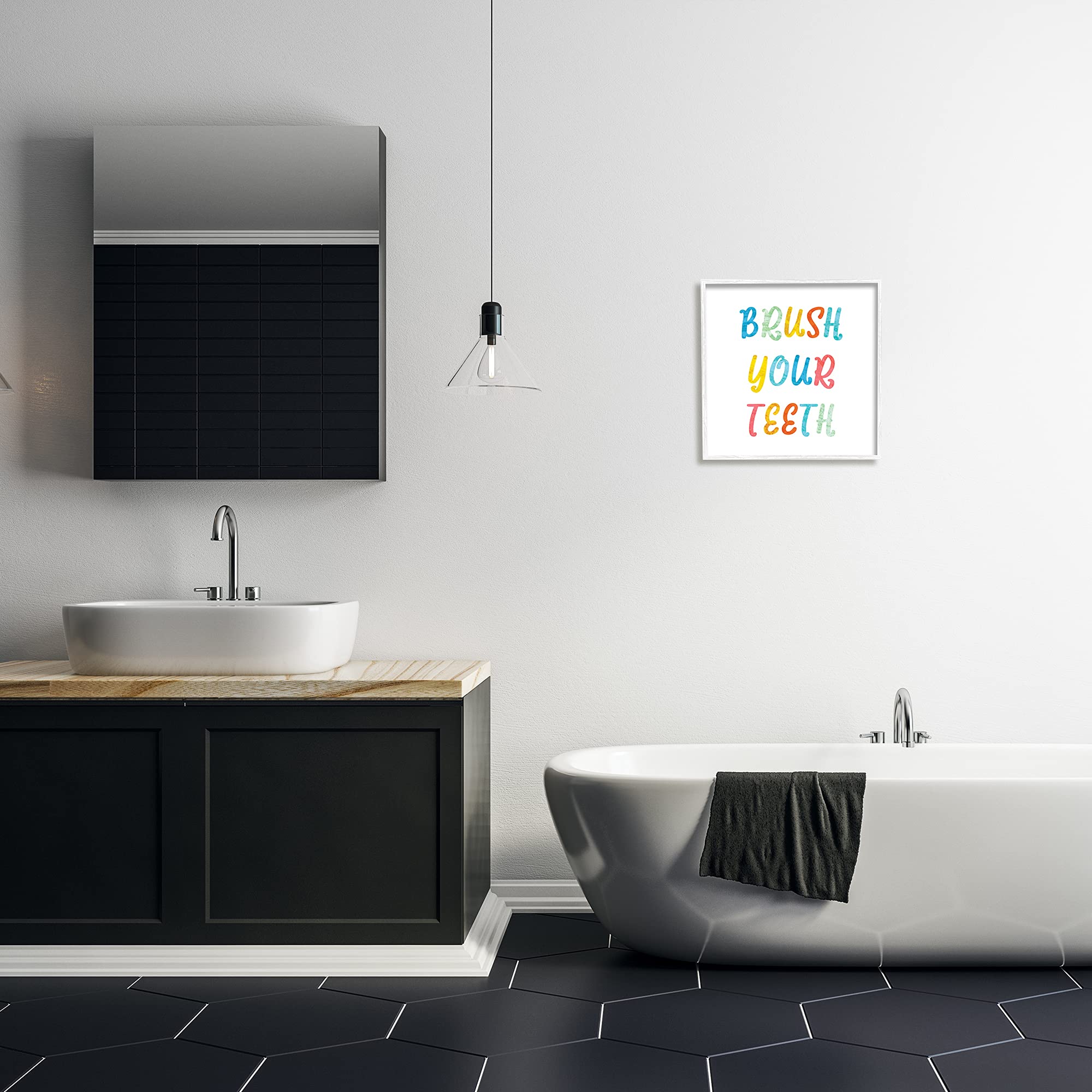 Stupell Industries Brush Your Teeth Dental Hygiene Kids Typography Wall Art - 17x17 Inch White Framed Canvas - Perfect for Bathroom Decor & Children's Bedroom