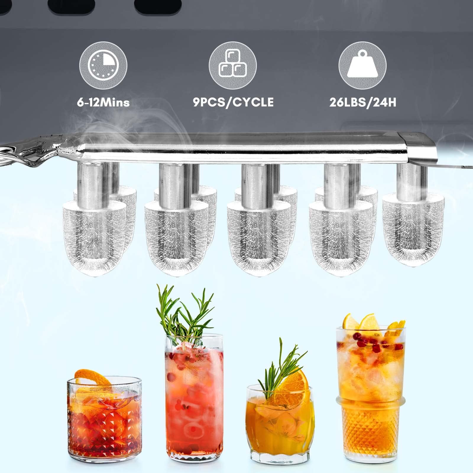 Portable Ice Maker Countertop with Self-Cleaning Function, 26.5Lbs Daily Output, Makes 9 Cubes in 6-9 Minutes, Dual Handle Design with 2 Ice Sizes (Bullet Ice & Cube), Includes Ice Scoop & Basket - Perfect for Home, Office, Kitchen, Party & Outdoor Events (Grey)