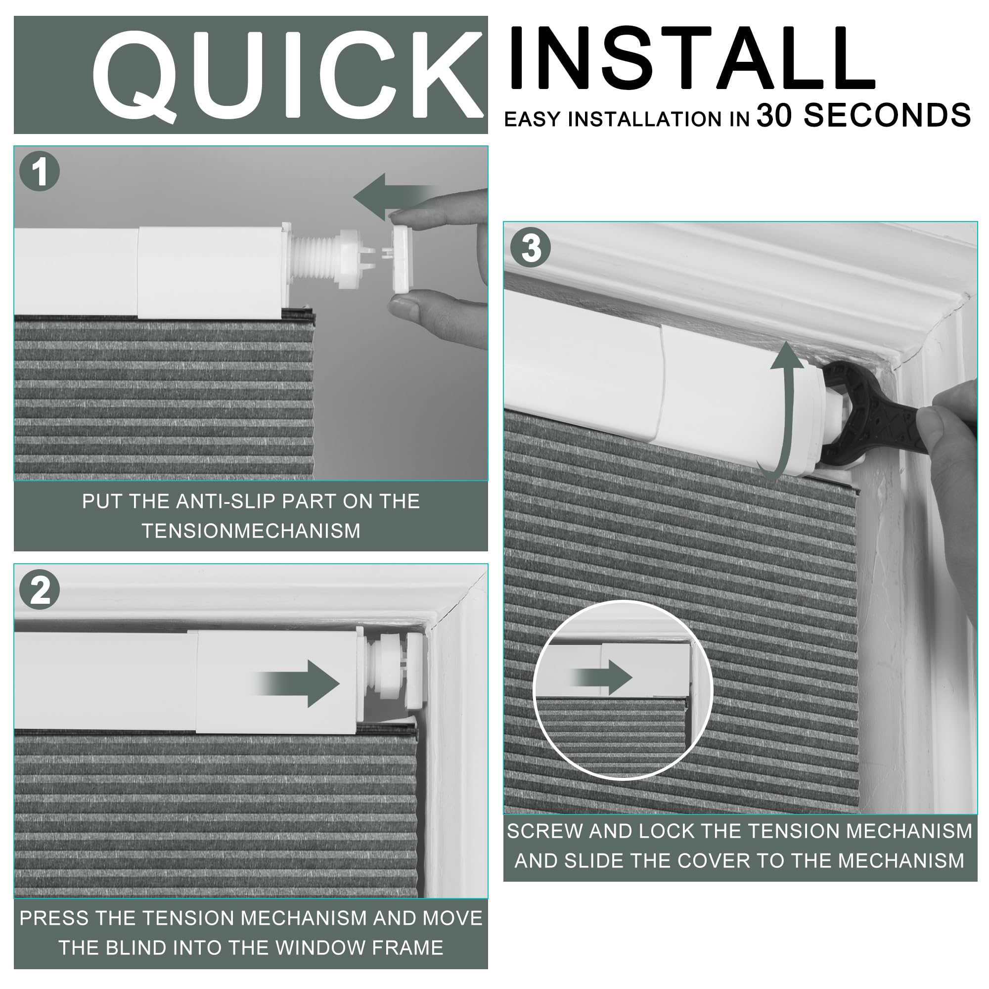 BERISSA Cordless Cellular Shades - No Drill No Tools Required, Blackout Jacquard Fabric Honeycomb Blinds for Windows, 16