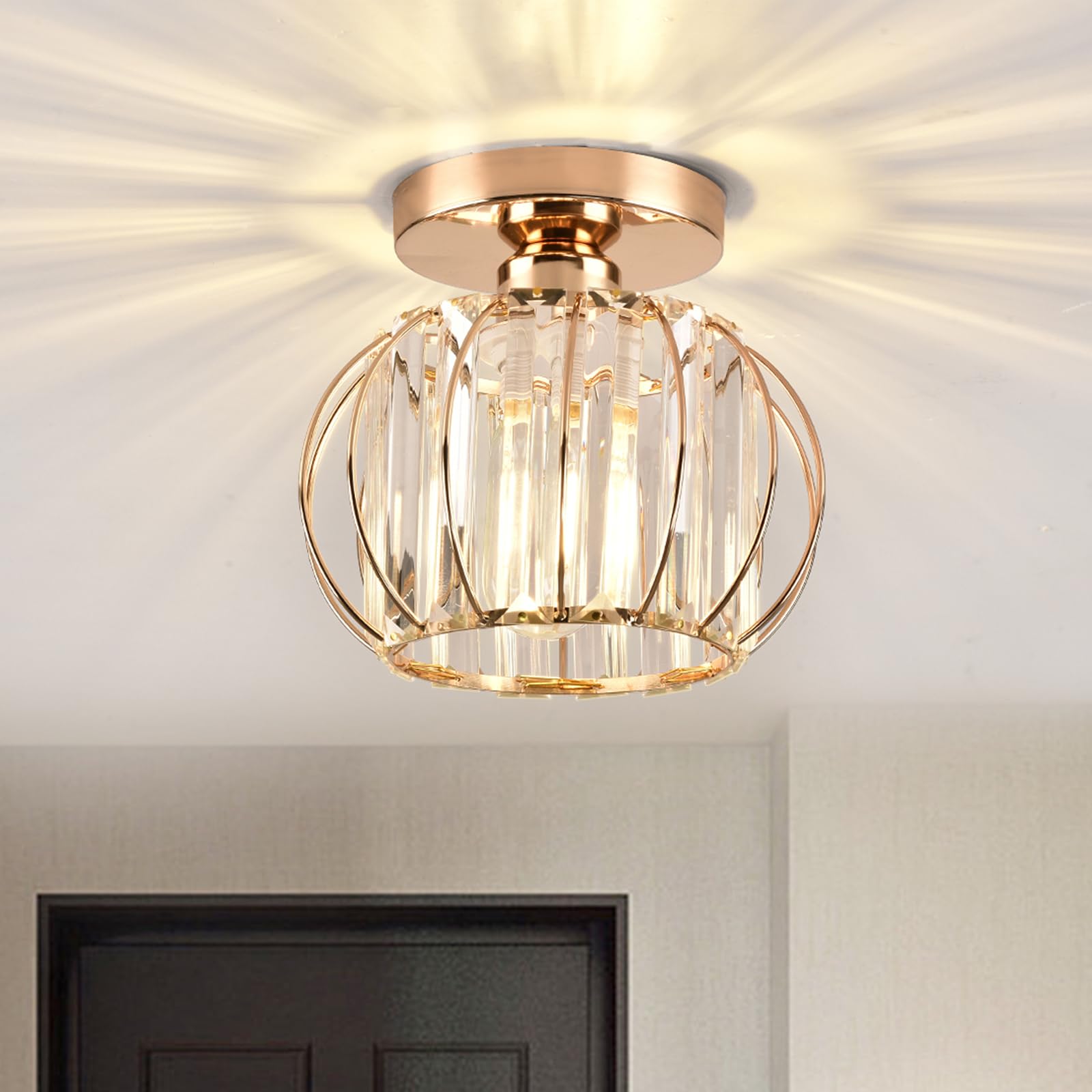 ZYDTRIP Crystal Ceiling Light Fixture - Small Semi-Flush Mount Chandelier in Gold for Hallway, Kitchen, Bedroom, Dining & Living Rooms - Elegant Lighting for Home Decor & Bar Areas