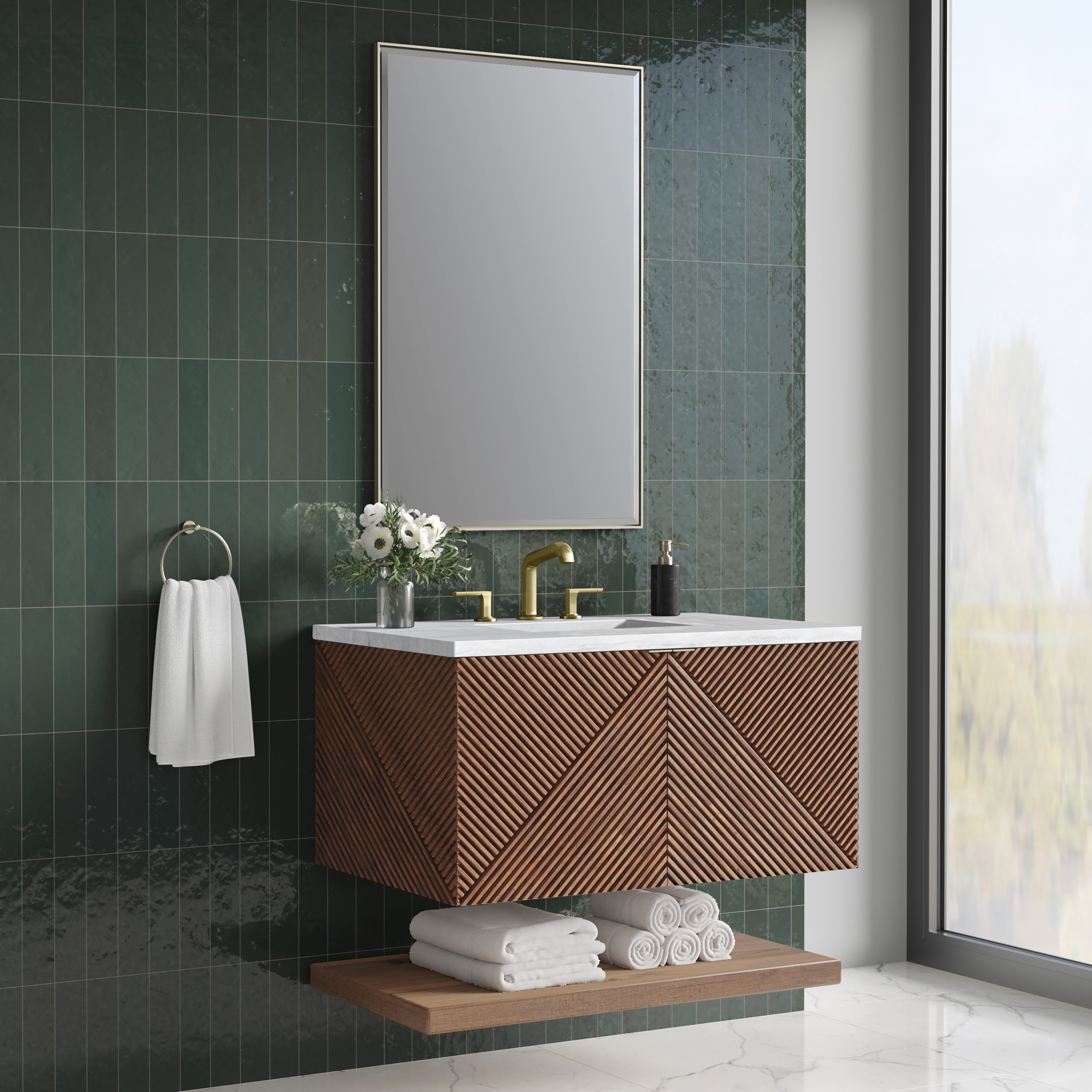 Marcello 36 Inch Single Bathroom Vanity with Sink - Chestnut Finish & 3CM Arctic Fall Quartz Top - Perfect for Modern Master Bathrooms & Guest Bath Remodels