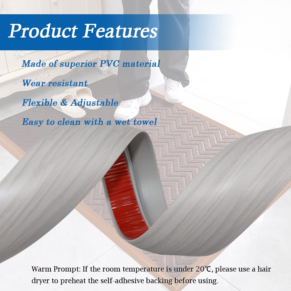 Self-Adhesive PVC Floor Transition Strip - 10Ft Wood Grain Gray Threshold Molding for Carpet & Hardwood Floors (Under 5mm Height) - Perfect for Doorways, Stairs & Room Dividers