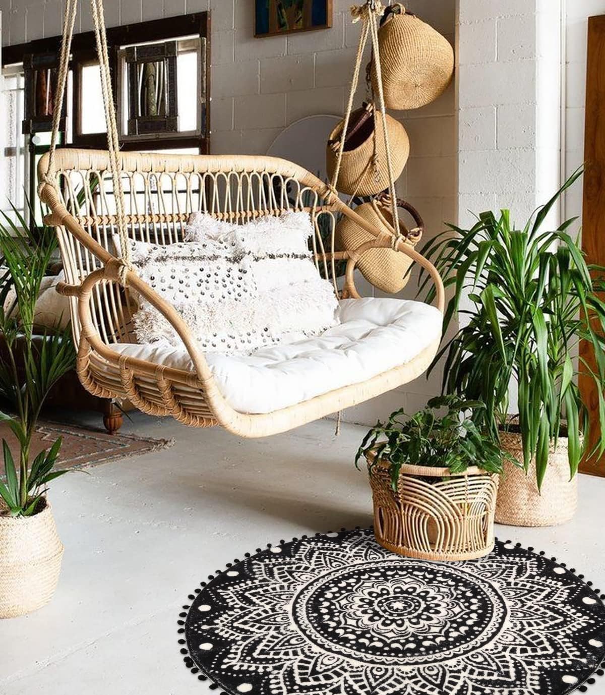 Uphome Boho Round Rug - 3' Circle Mandala Design with Pom Pom Fringe | Non-Slip Washable Soft Floor Mat for Bedroom, Living Room, Nursery & Entryway | Perfect for Bohemian Decor, Kids Room & Bathroom Accent