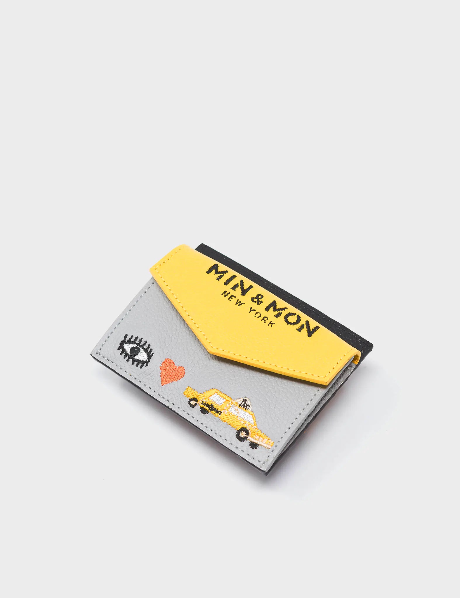 Felix Yellow and Gray Leather Cardholder with Eye Love New York Embroidery - Slim RFID Blocking Wallet for Men & Women | Perfect for Travel, Business Cards, and Everyday Use