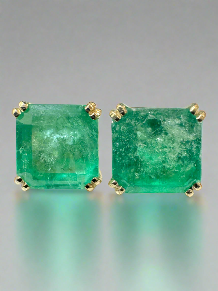 2.45tcw 7x7 Earthy Natural Asscher Cut Colombian Emerald Double Prong Stud Earrings in 14K Gold – Perfect for Weddings, Parties & Everyday Elegance