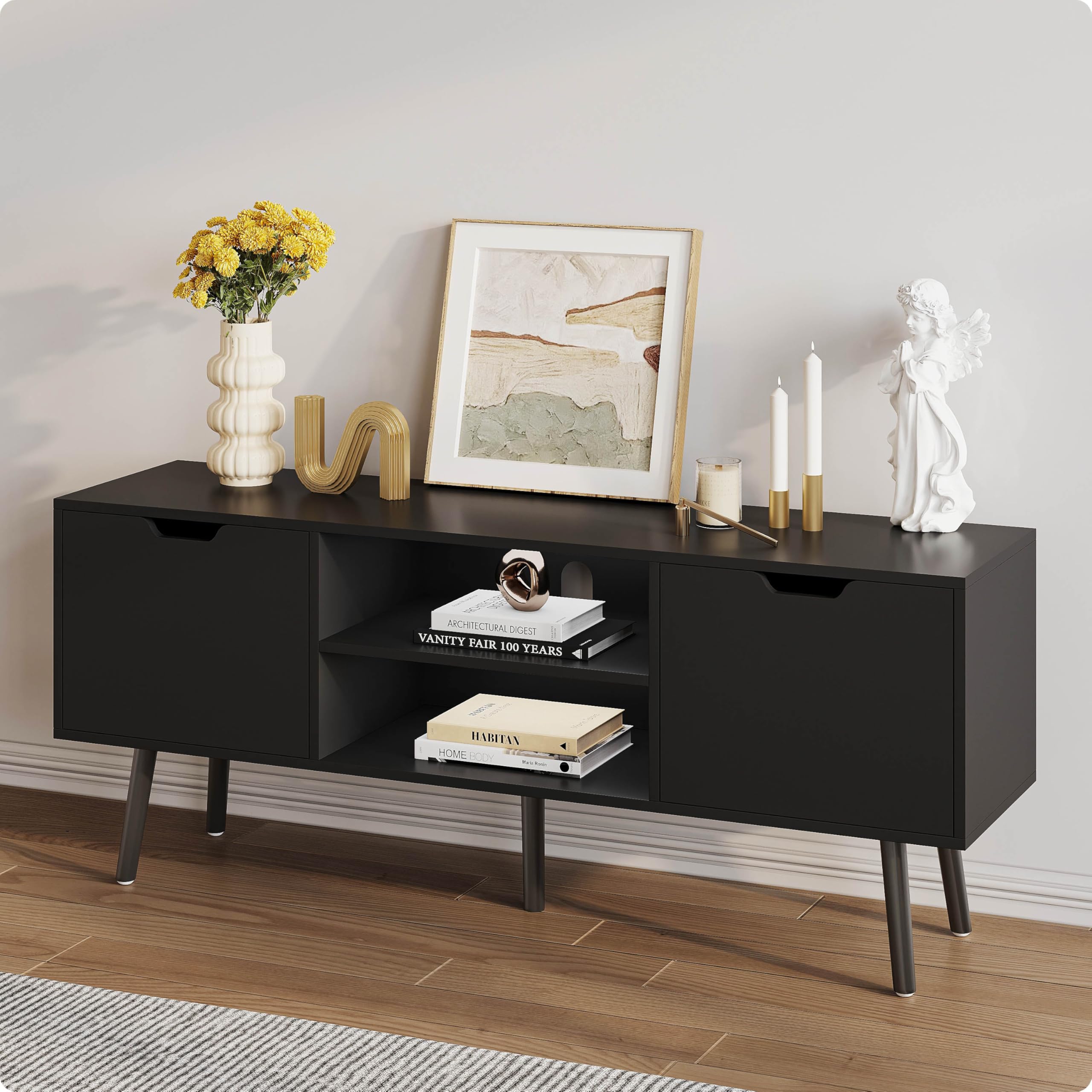 ALINE FURNITURE Black TV Stand - Wooden TV Console Cabinet for 50 55 60 Inch Flat Screen TVs - Modern Media Entertainment Center with Storage Shelves - Perfect for Living Room, Bedroom & Home Theater Setup