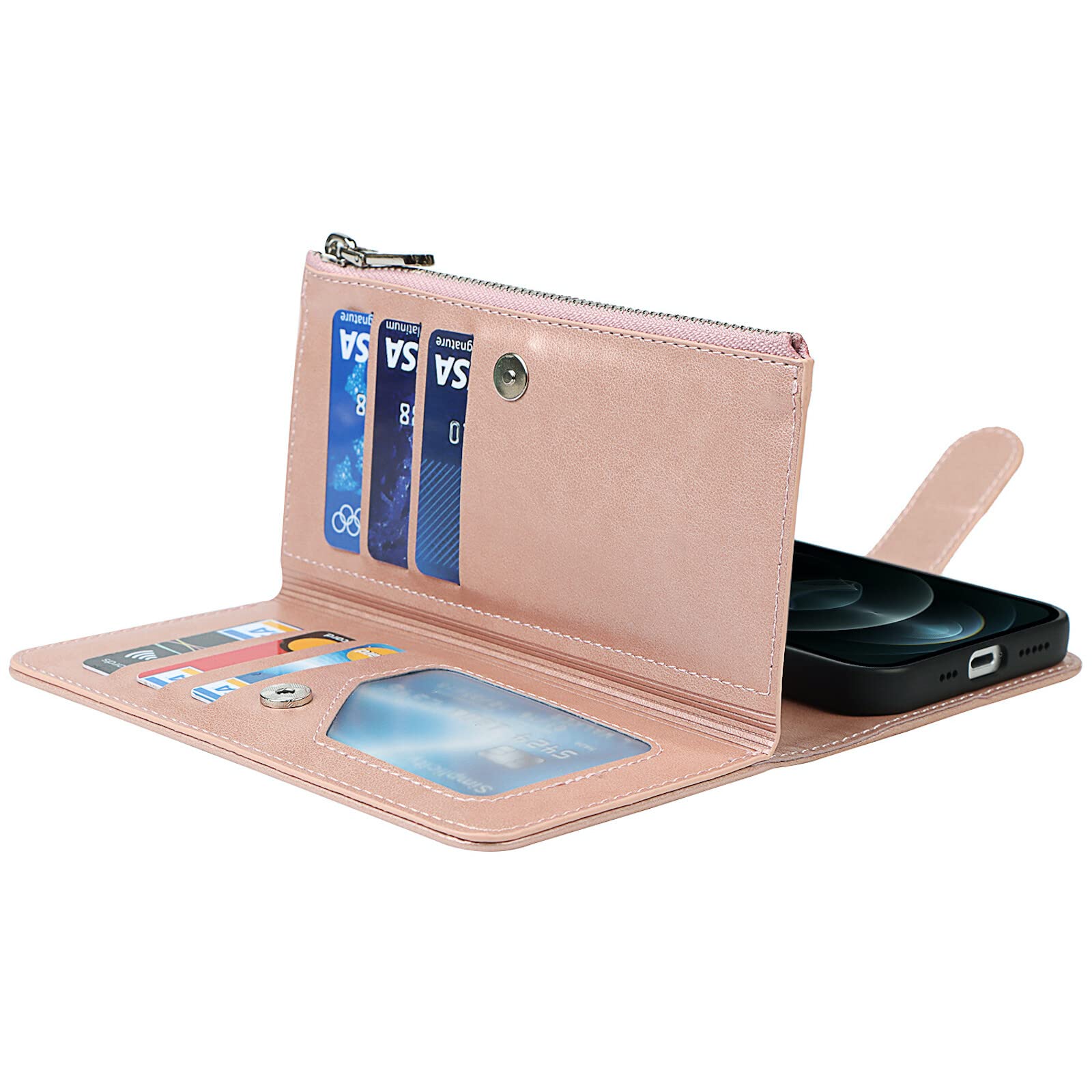ELTEKER Premium Leather 2-in-1 Detachable Wallet Case for iPhone 12 Pro Max - Zipper Flip Cover with 6 Card Slots, Cash Pocket & Kickstand (Rose Gold) | Perfect for Travel, Business & Everyday Use