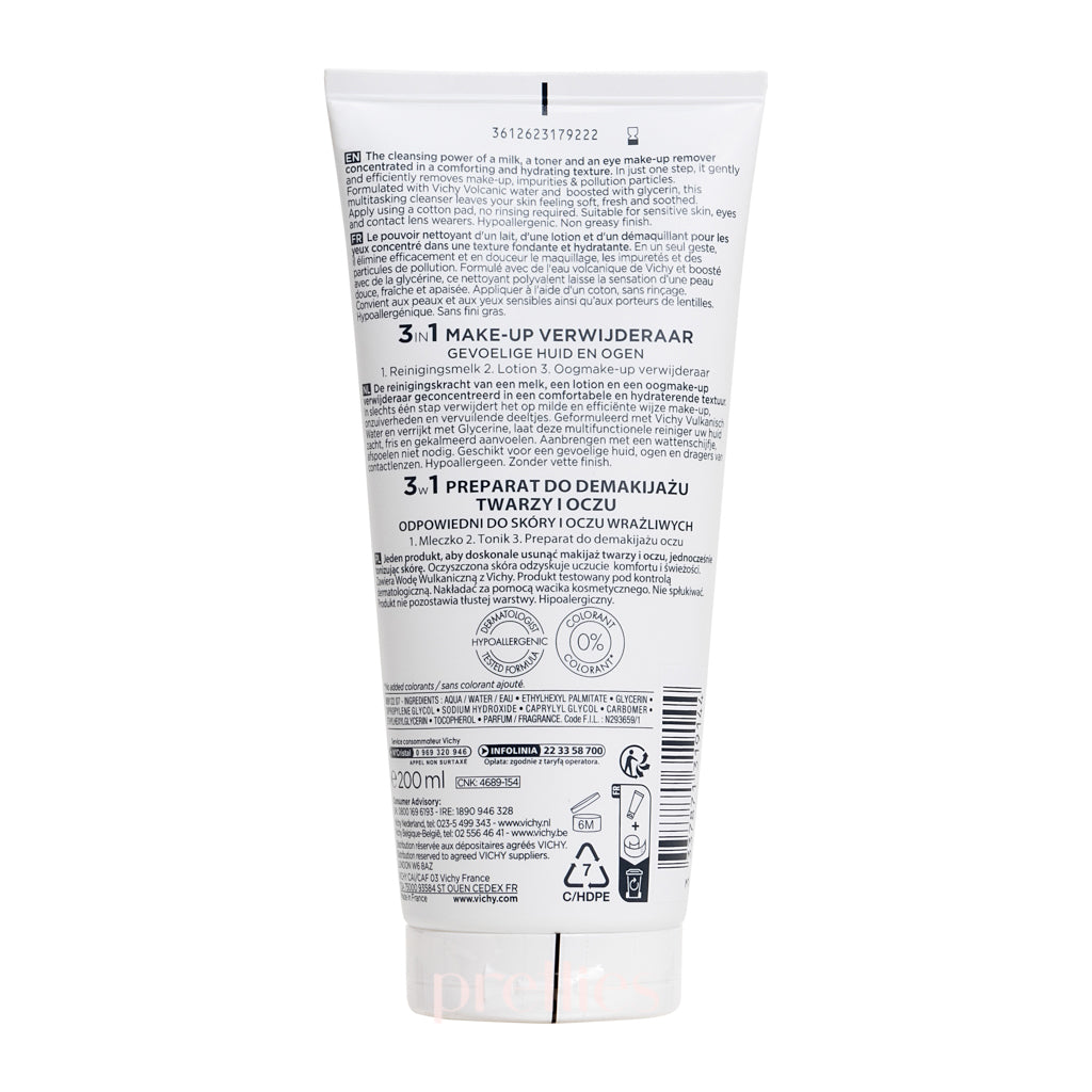 VICHY Purete Thermale 3-in-1 One Step Cleanser 200ml - Gentle Face Wash, Makeup Remover & Exfoliator for Sensitive Skin | Daily Skincare Routine & Travel Essential