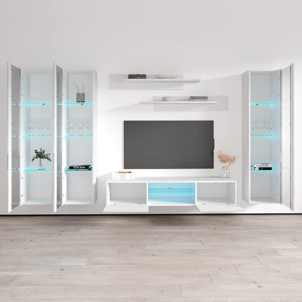 Modern Floating TV Stand with Storage & LED Lights - Wall-Mounted Entertainment Center Console for Bedroom & Living Room - White TV Cabinet with Shelves for Gaming & Home Theater Setup - Meble Furniture Fly CD2 33TV Stand