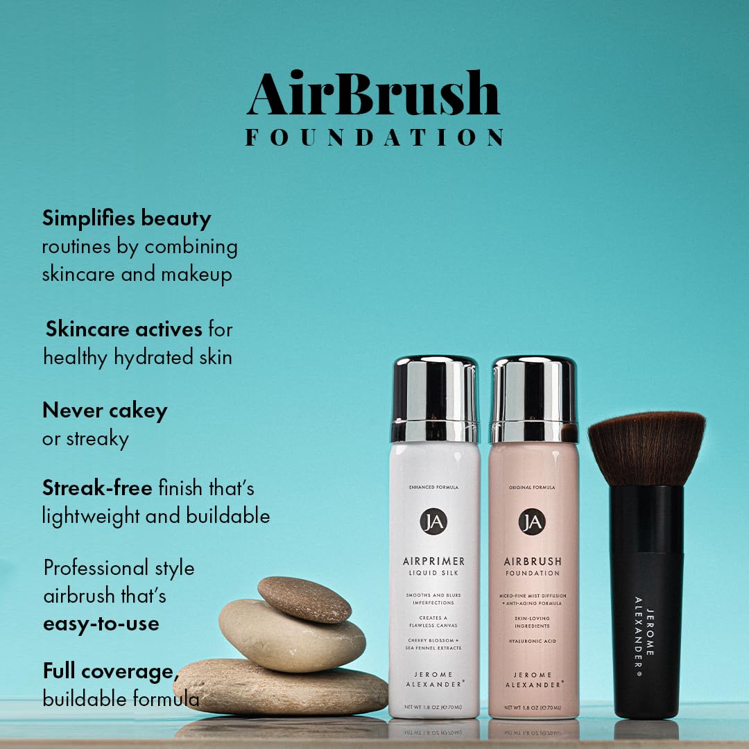 Jerome Alexander MagicMinerals AirBrush Foundation 3-Piece Set with Primer, Kabuki Brush & Anti-Aging Spray Makeup - Warm Beige for Smooth Radiant Skin | Perfect for Professional Makeup Application, Bridal Looks & Flawless Everyday Coverage