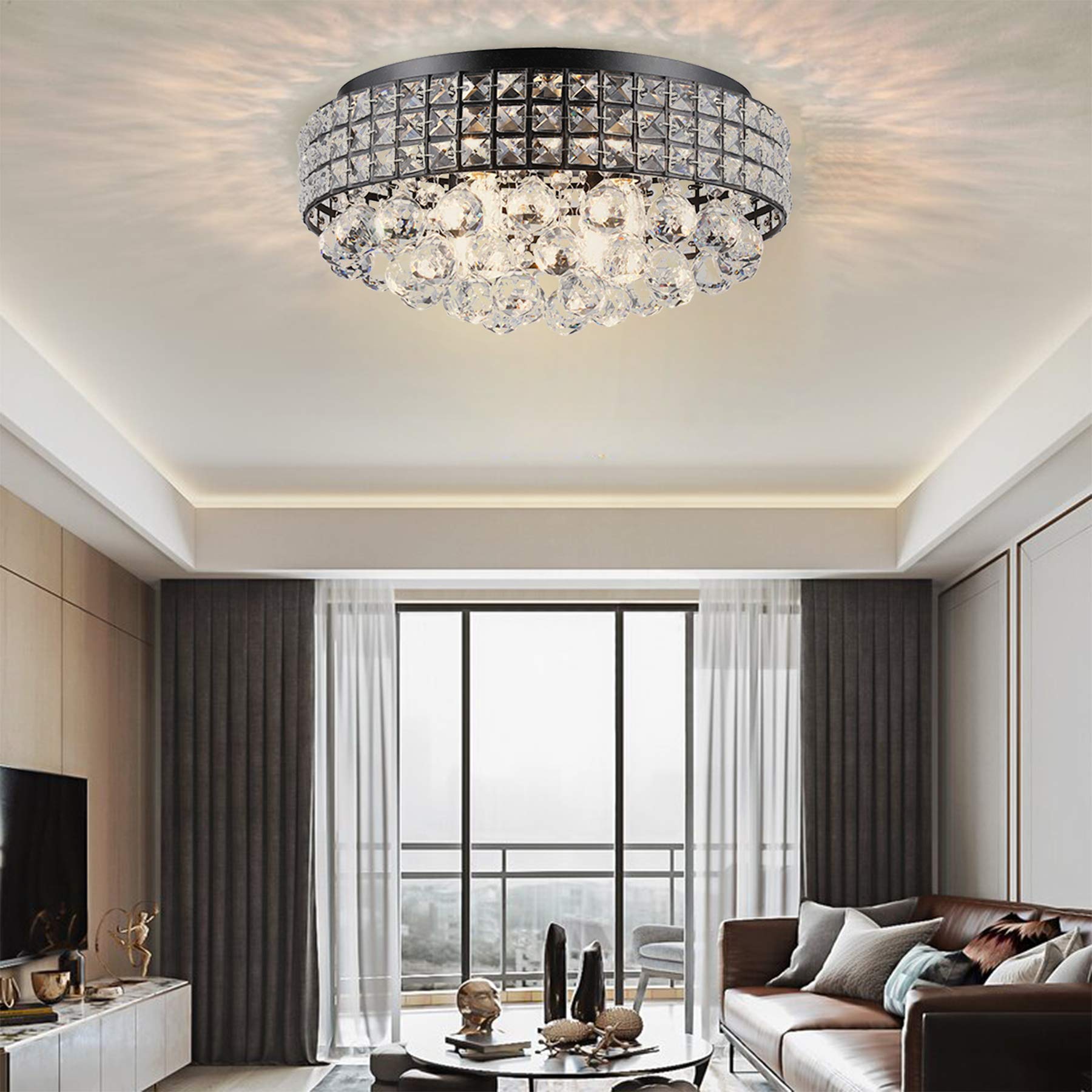 Modern Bronze Crystal Chandelier - 4-Light Flush Mount Ceiling Fixture with Raindrop Crystals - 15.75