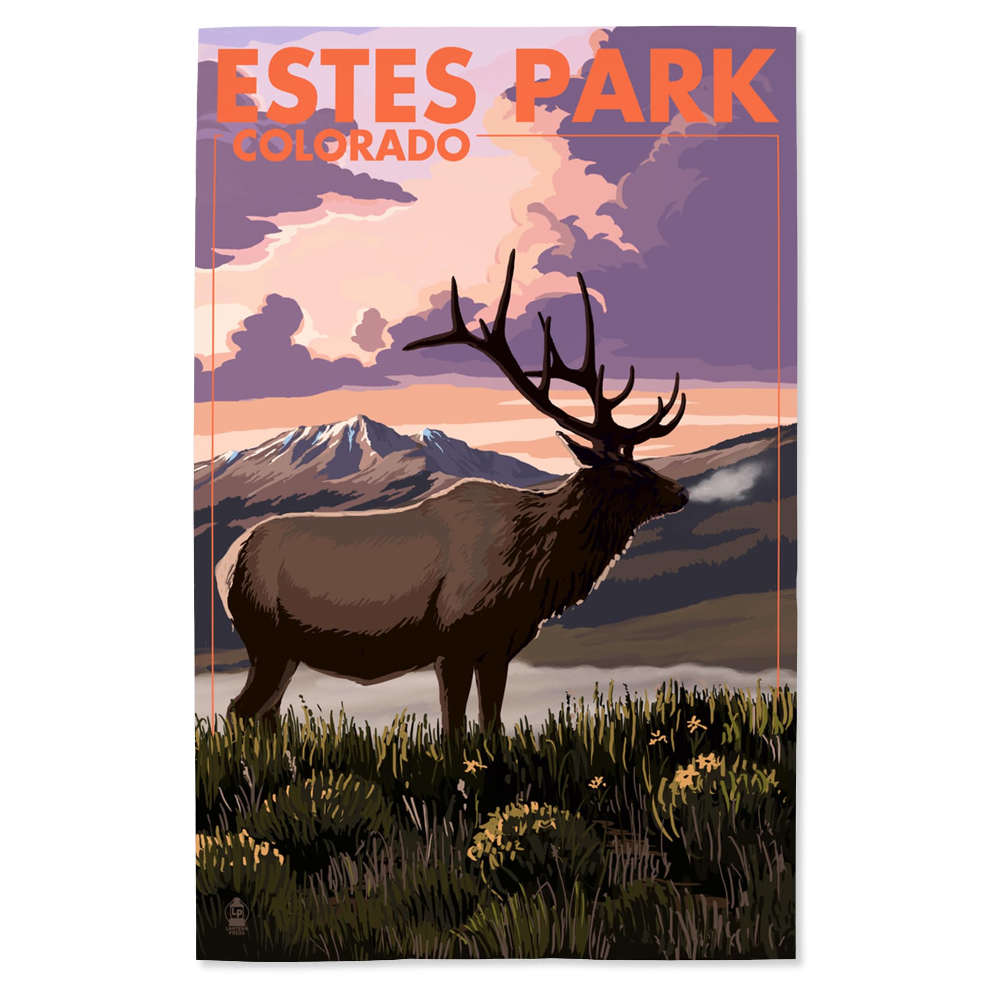 Lantern Press 16x24 Inch Giclee Art Print - Estes Park Village Colorado Landscape with Elk at Sunset - Wall Decor for Living Room, Bedroom & Office
