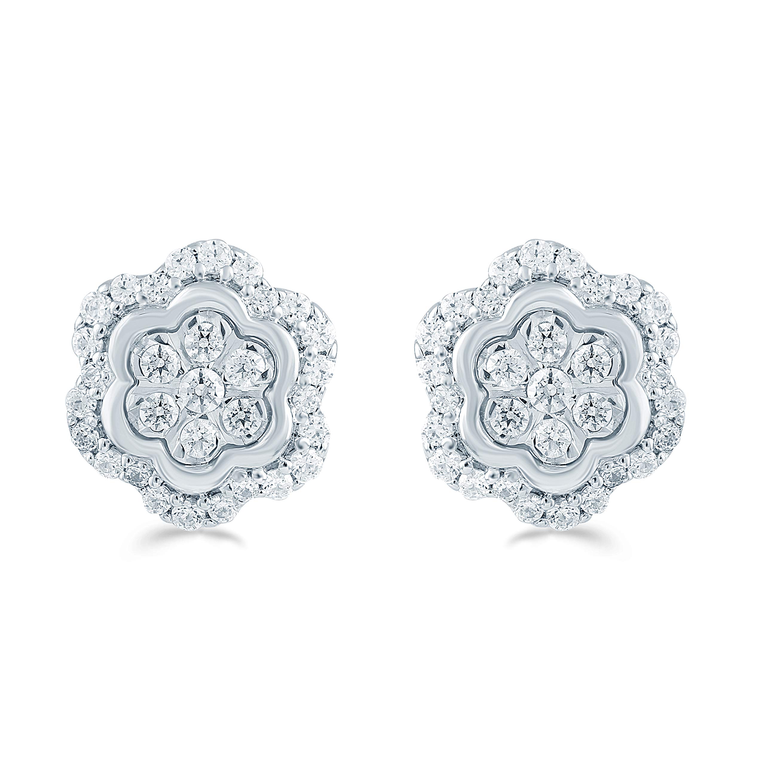 Women's Sterling Silver Floral Cluster Round Diamond Stud Earrings | 1/4 Cttw to 1/2 Cttw | Perfect for Weddings, Anniversaries & Special Occasions