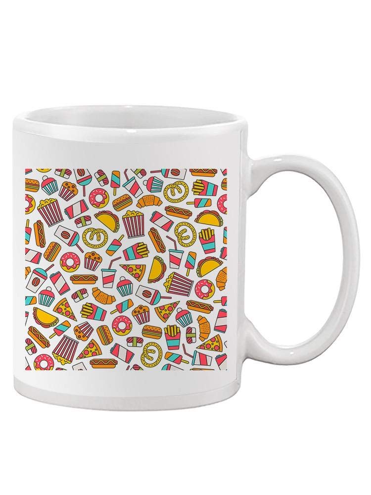 Smartprints Fast Food Icons Coffee Mug - Seamless Design Ceramic Cup for Men & Women - Perfect for Office, Home Use & Gift Giving
