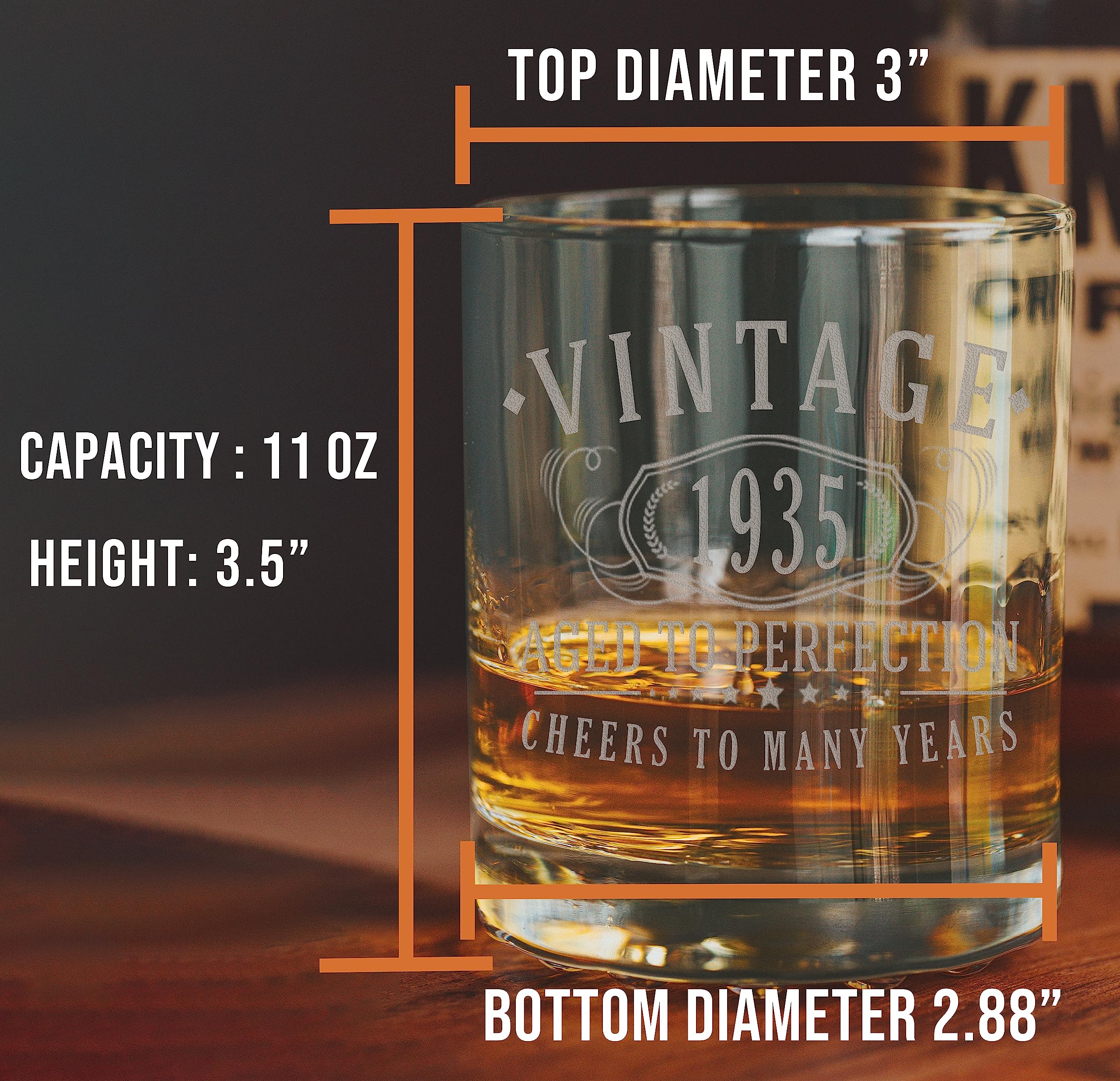 Vintage 1935 Etched 11oz Whiskey Glass Set - 90th Birthday Gift for Men, Dad & Grandpa - Personalized Engraved Bourbon Glasses - Cheers to 90 Years Old - Perfect for Whiskey Tasting, Anniversary Celebrations & Retirement Parties