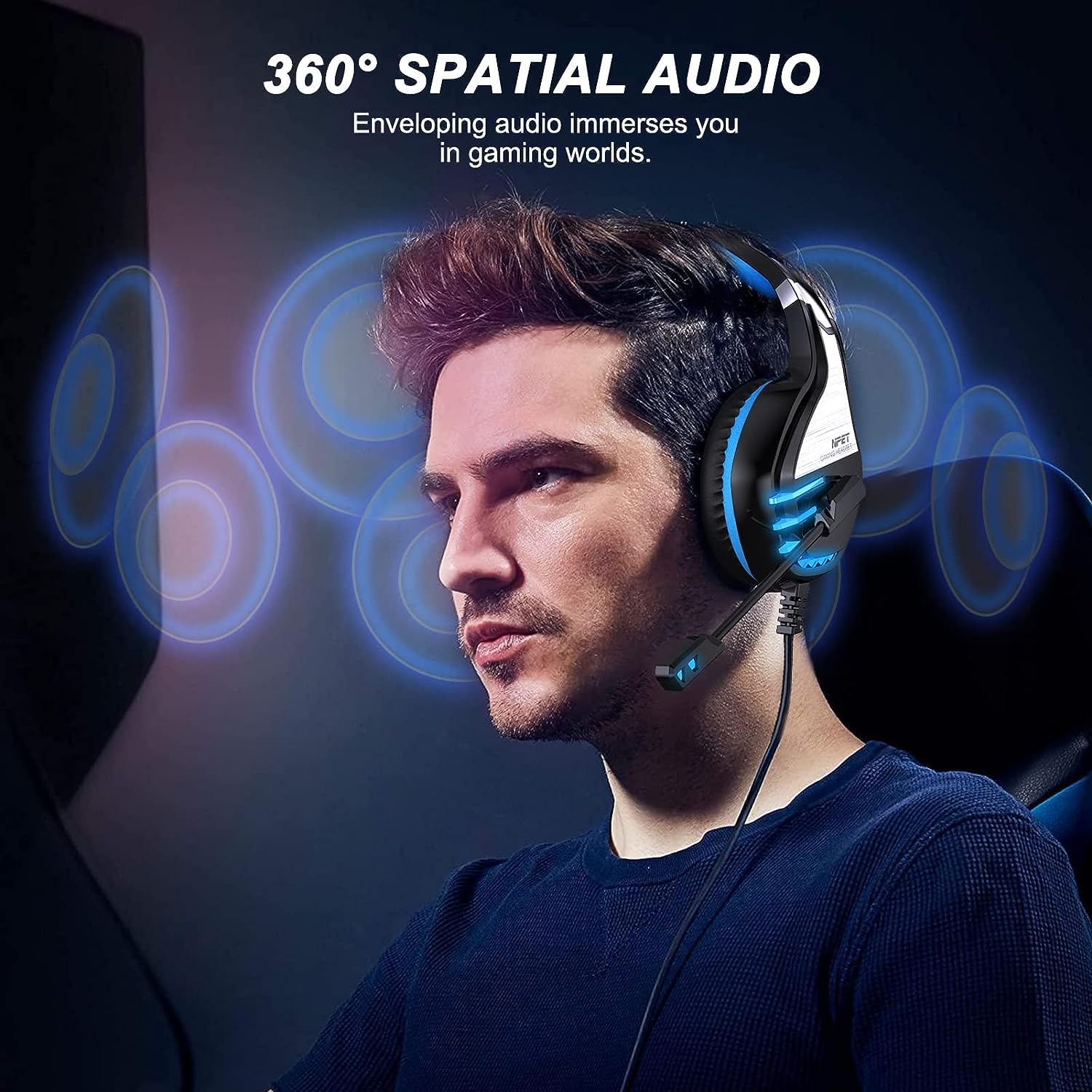 NPET HS10 Stereo Gaming Headset - 2 Pack Noise Cancelling Over-Ear Headphones with Mic for PS5, PS4, Xbox One & PC | LED Lights, Bass Surround, Soft Memory Earmuffs (Blue) - Perfect for Gaming, Streaming & Online Classes