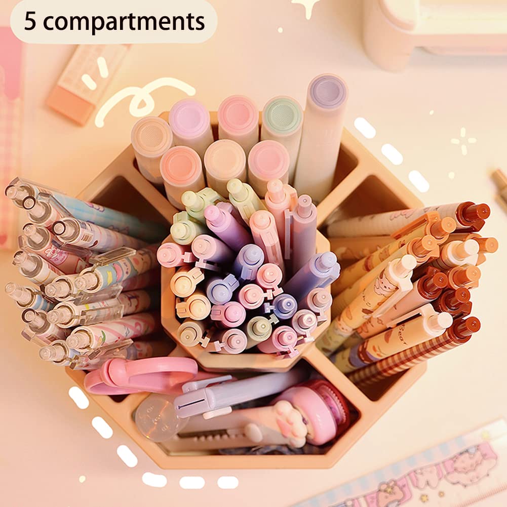 360° Rotating Desk Organizer with 5 Compartments - Multi-Functional Pen Holder & Art Supply Storage Box for Home Office, School, Craft Room (White & Pink) - Perfect for Organizing Stationery, Makeup Brushes, and Office Supplies